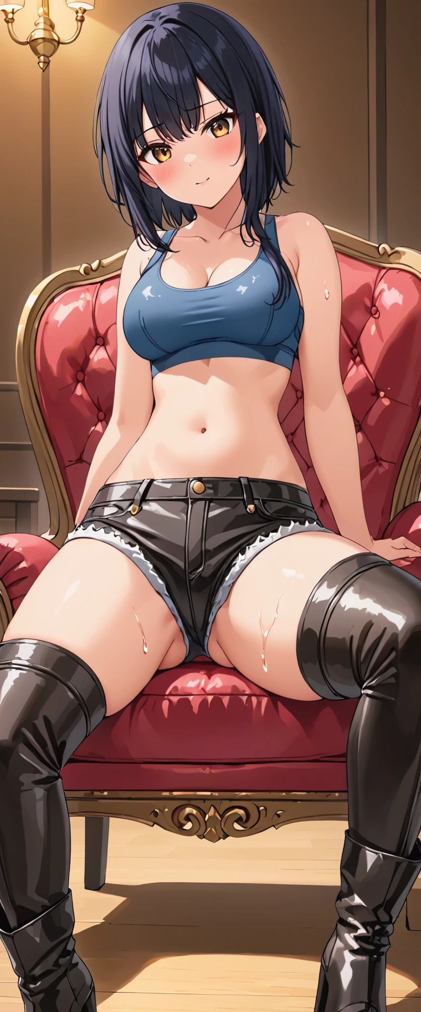 High resolution, woman , good lighting, despicable, , (No nudity), (((jean shorts))), ((sports bra)), (((leather thigh high boots))), (), abdomen only, (wet shorts),  ,  cute face, I&#39;Iは恥ずかしくて赤面します, humiliating, ((sit with legs wide apart)), ((black hair))