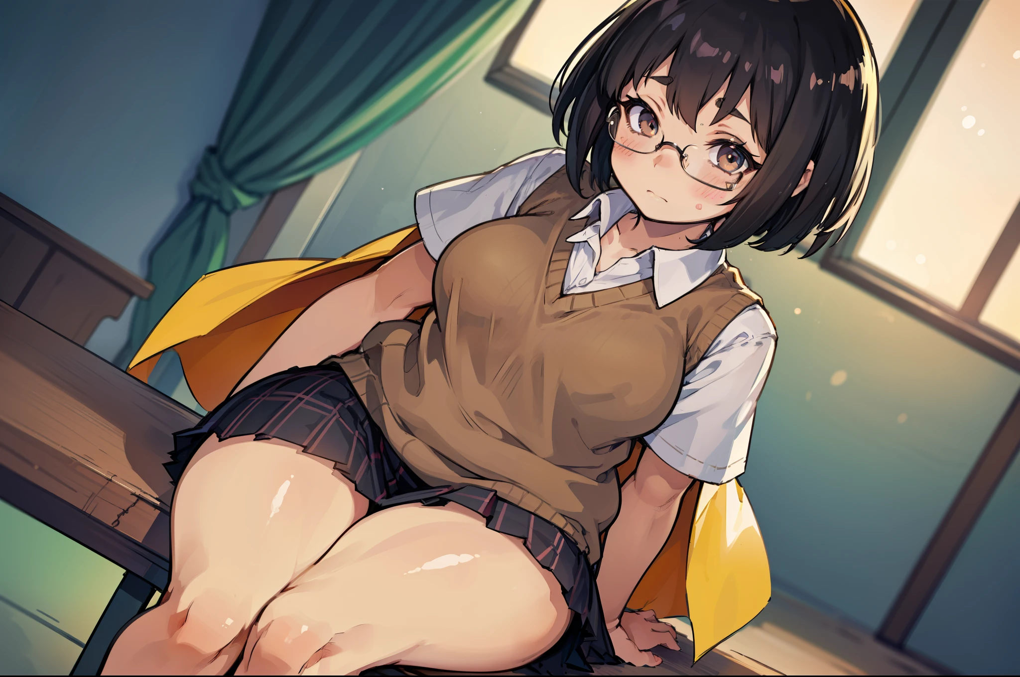 ((Dutch angle)), cowboy shot, solo, alone, a very cute girl,  student, black bob cuts, Glasses, (shy:1.3), (blush stickers), (closed mouth), (between legs:1.2), (short sleeved shirt, Brown Sweater Vest, plaid skirt, medium breasts), (thick thighs:1.5), (barefoot, bare leg), curvy, View from above, Sitting in the classroom, Sunset, parfect lighting, (masterpiece), (Best Quality), (ultra-detailliert)