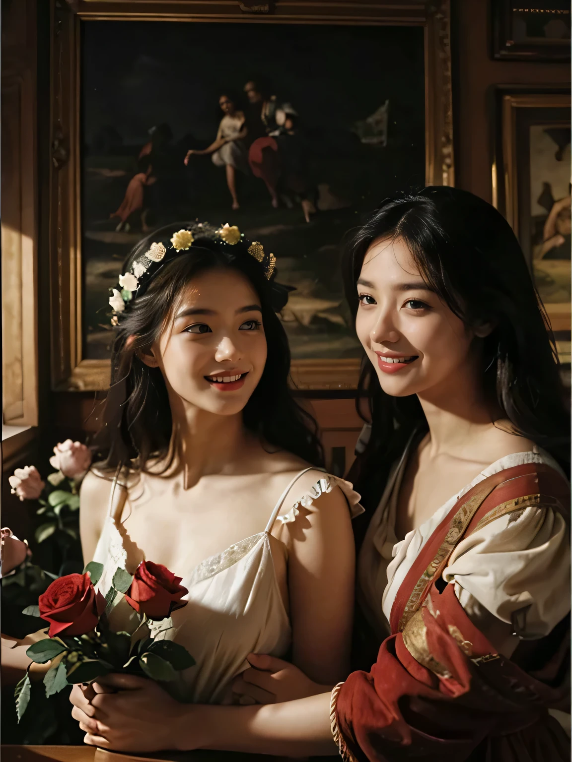 Giorgione painting style,Arguments of two female Philosophe,math、astronomical machine、astronaut、roses in vase、fruits、Cute trinkets、smile、ancient greek costume、Ancient Roman landscape in the style of Nicolas Poussin,laughter,,Sweet and seductive appearance.、Caravaggio's paintings、Chiaroscuro of Caravaggio、hair tousled by the wind,Two women frolicking,cute smile, expression of ecstasy,Sexy,erotic