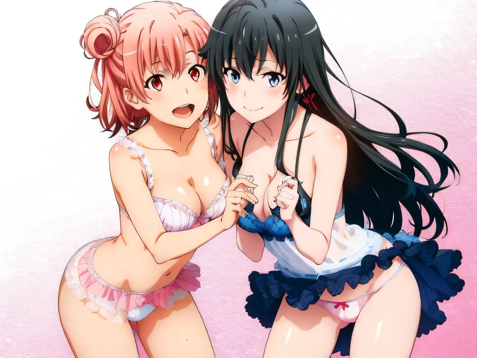 2 girls , Yukinoshita Yukino , yuigahama yui  is nice baste, waltz dance , dress can be rolled up,white silk panties,pink panties,thighs,knees,high angle,beautiful eyes,smile