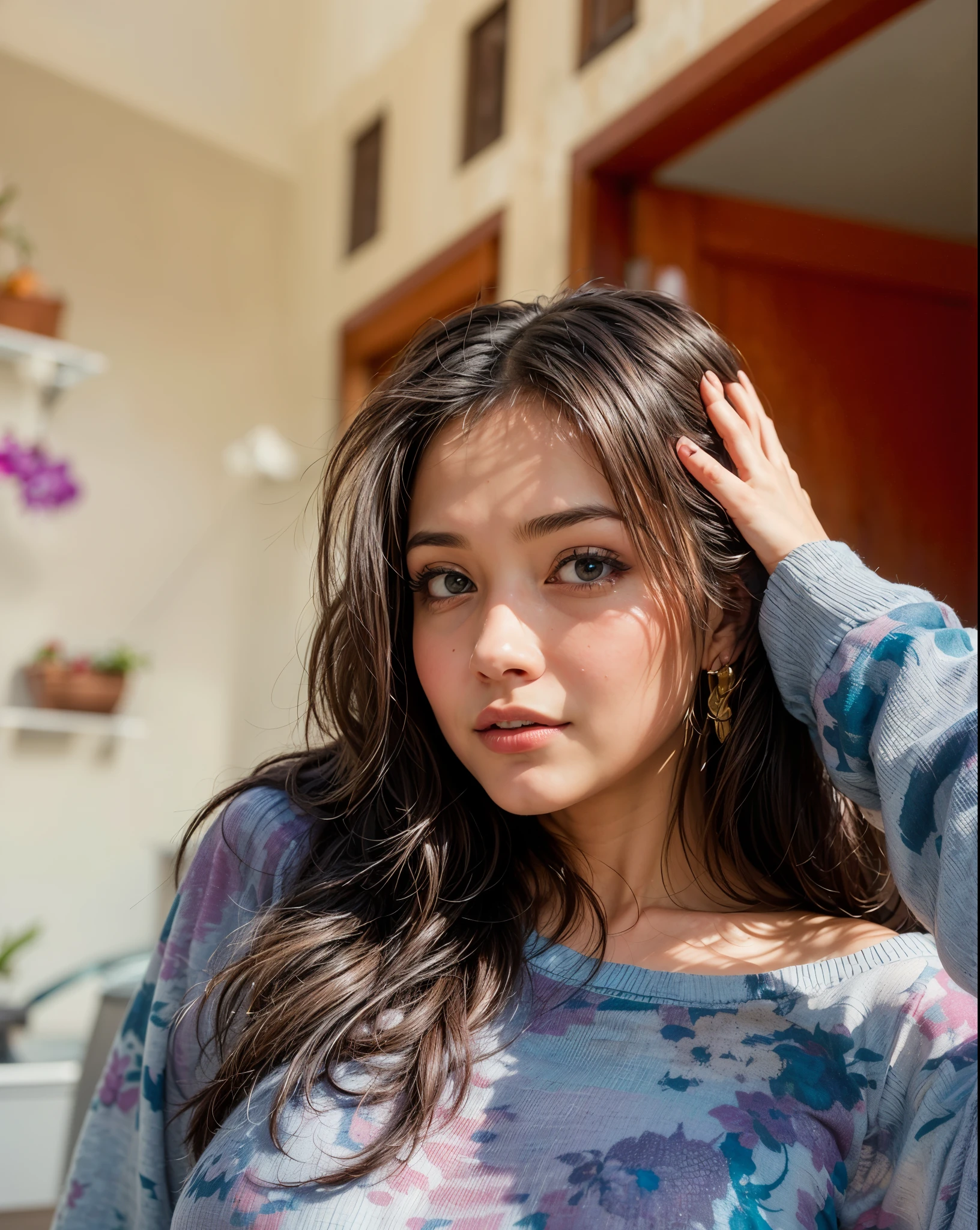 a hyper-realistic portrait of a young woman, in the middle of nature, 22 years old, realistic, (lying on her side), sexy, (huge breasts 2:1), short brown hair, (hair tied with bows), curved, SFW