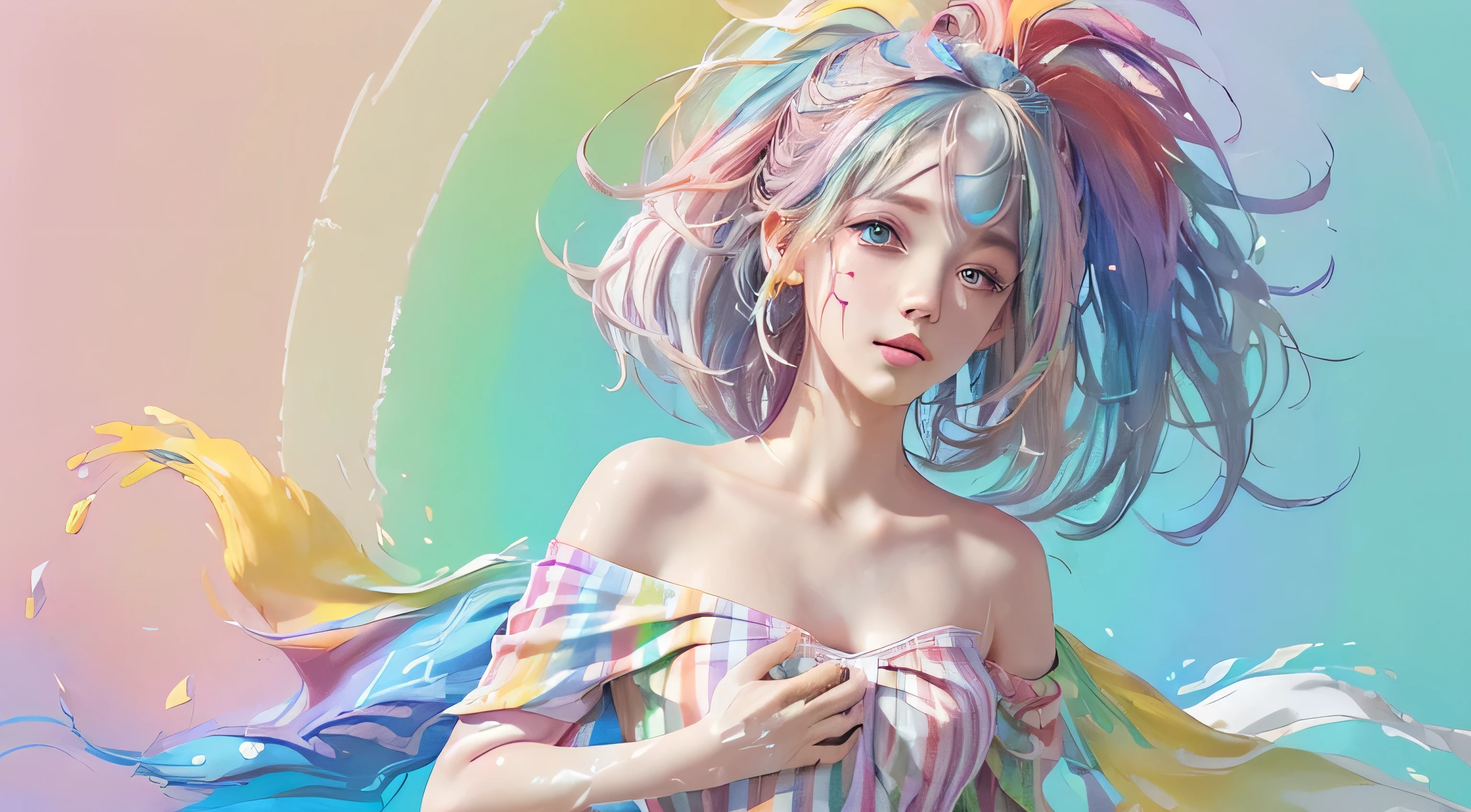 (pink fashion t-shirt:1.9),(colorfulな髪: 1.8), (all the colors of the rainbow: 1.8),(((((vertical painting:1.6))), (painting:1.6),front, comics, shapes, paintings, Big eyes, clear eyes,( Rainbow color gradation high ponytail:1.7), exquisite makeup, closed mouth,(small fresh: 1.5),(wipe chest: 1.6) ,long eyelashes, white off shoulder t-shirt, white shoulder shirt,looking at the audience, big teary eyes, (rainbow colored hair:1.6), カラーsplash, (alone:1.8), カラーsplash, explosion of colors, thick paint style, messy lines, ((shining)),(colorful), (colorful), (colorful), colorful, Thick paint Style, (splash) (Color splash), Vertical painting, Upper body, paint splash, acrylic pigment, slope, paint, best image quality, highest quality, masterpiece, alone, written boundary depth, Face paint, colorful clothes, (elegant: 1.2), nice,long hair, Wind, (elegant: 1.3), (petal: 1.4),(((masterpiece))),(((highest quality))),((Super detailed)),(shape),(dynamic angle),((floating)),(paint),((messy hair)),(alone),(1 girl) , (((Detailed anima face))),((Beautiful and dense face)),collar,bare shoulders,gray hair, ((colorful hair)),((striped hair)),fine and beautiful eyes,(slope color eyes),(((colorful eyes))),(((colorful background))),(((high color saturation))),(((surrounded by colorful splashes))),