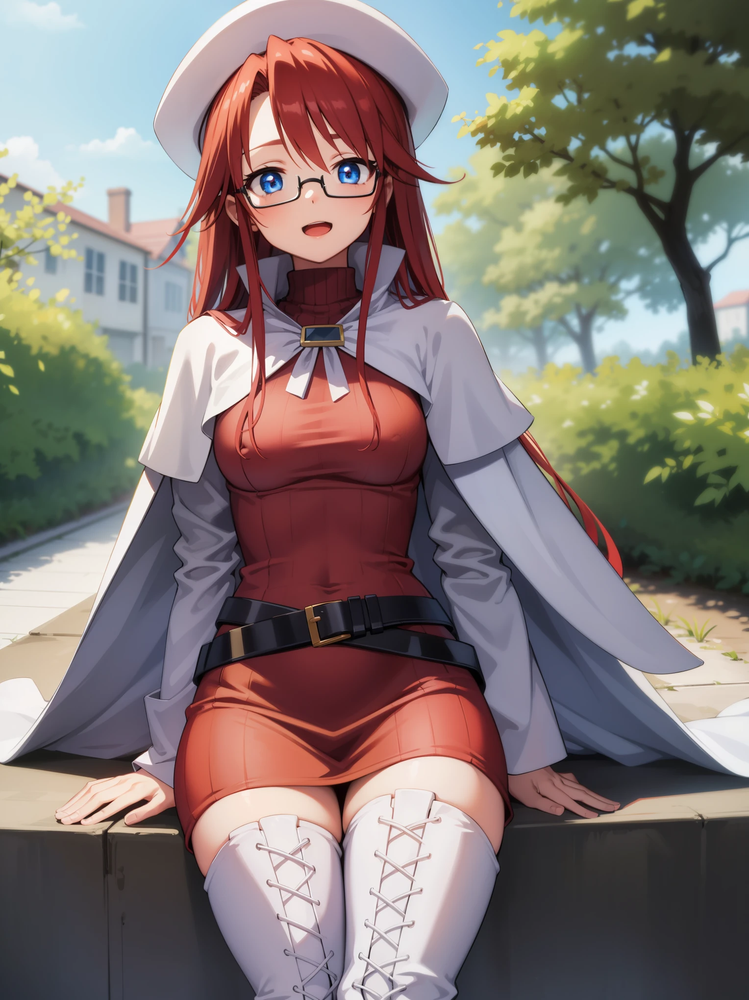 summonnightaty, aty, long hair, blue eyes, red hair, beret, hat, glasses,
BREAK long hair, thighhighs, hat, dress, boots, glasses, belt, cape, sweater, zettai ryouiki, beret, thigh boots, white footwear, ribbed sweater, loose belt,solo,
BREAK outdoors, fantasy_town,
BREAK (masterpiece:1.2), best quality, high resolution, unity 8k wallpaper, (illustration:0.8), (beautiful detailed eyes:1.6), extremely detailed face, perfect lighting, extremely detailed CG, (perfect hands, perfect anatomy),covered_nipples,covered_navel,light_smile ,walking,(half_eyes:1.2),light_open_mouth,sword,armpit,sleepy,sitting_on_the_barrel,barrel,red_sweater,