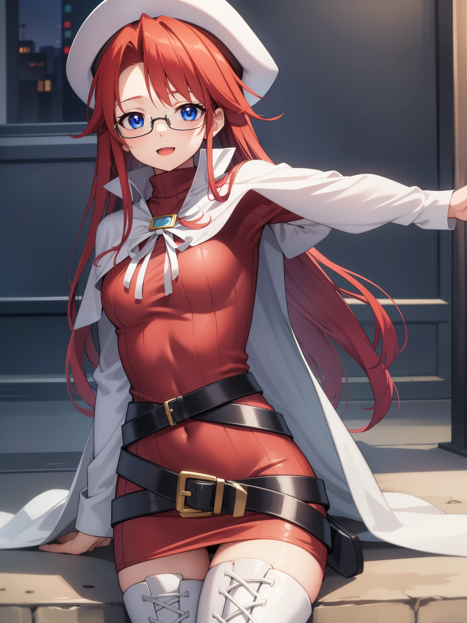 summonnightaty, aty, long hair, blue eyes, red hair, beret, hat, glasses,
BREAK long hair, thighhighs, hat, dress, boots, glasses, belt, cape, sweater, zettai ryouiki, beret, thigh boots, white footwear, ribbed sweater, loose belt,solo,
BREAK outdoors, fantasy_town,
BREAK (masterpiece:1.2), best quality, high resolution, unity 8k wallpaper, (illustration:0.8), (beautiful detailed eyes:1.6), extremely detailed face, perfect lighting, extremely detailed CG, (perfect hands, perfect anatomy),covered_nipples,covered_navel,light_smile ,walking,(half_eyes:1.2),light_open_mouth,sword,armpit,sleepy,sitting_on_the_barrel,barrel,red_sweater,