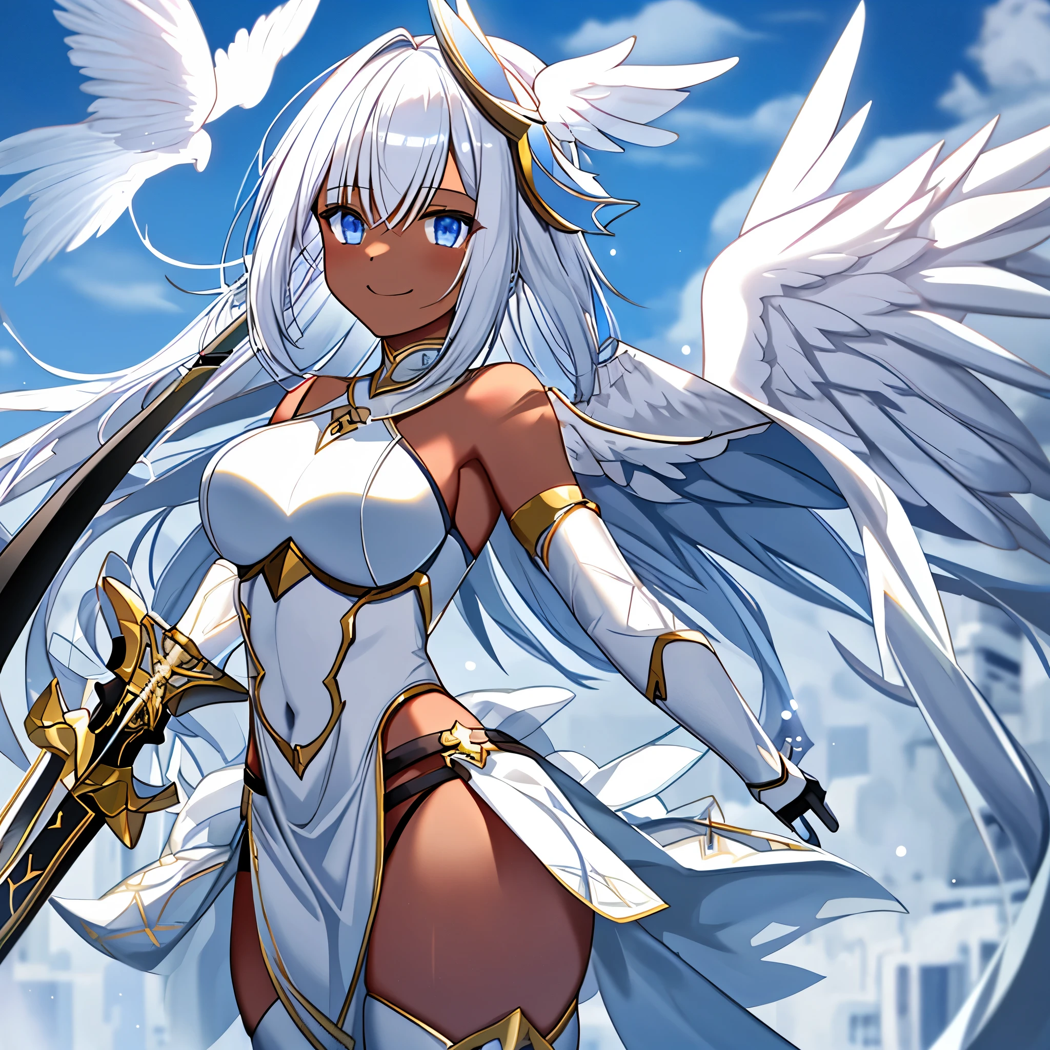 fantasy, 1angel_girl, low_, white_medium_bob_hair,long_bangs, (dark_skin)+, bare_shoulder, navel out, thighhighs,silver_shiny_armor, white_clothes,waist_armor, Glebe, hold_shiny_swords, medium_breasts,, dynamic_pose_fighting,Floating, (1pair_white_wings,pelvic_curtain)++, Headgear ,city_sky_background,,slightly_spread_legs, light_smile,multiple_shiny_swords_floating_around_the_girl