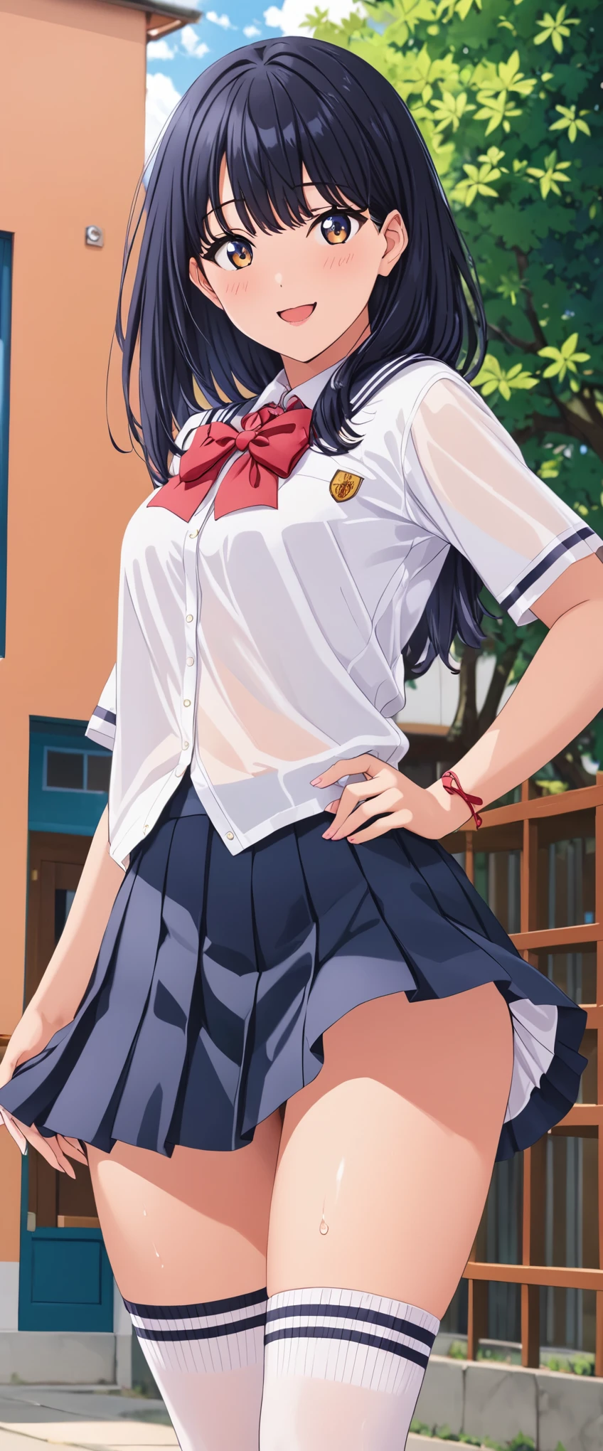 woman,20-year-old,School,noon,(((miniskirt school uniform))),,open mouth smile((knee high socks))(((See-through))),(big butt),((black hair)),blush、surprised face,((turn around and look back))(wet with water)I can see your panties,(((lift up skirt)))