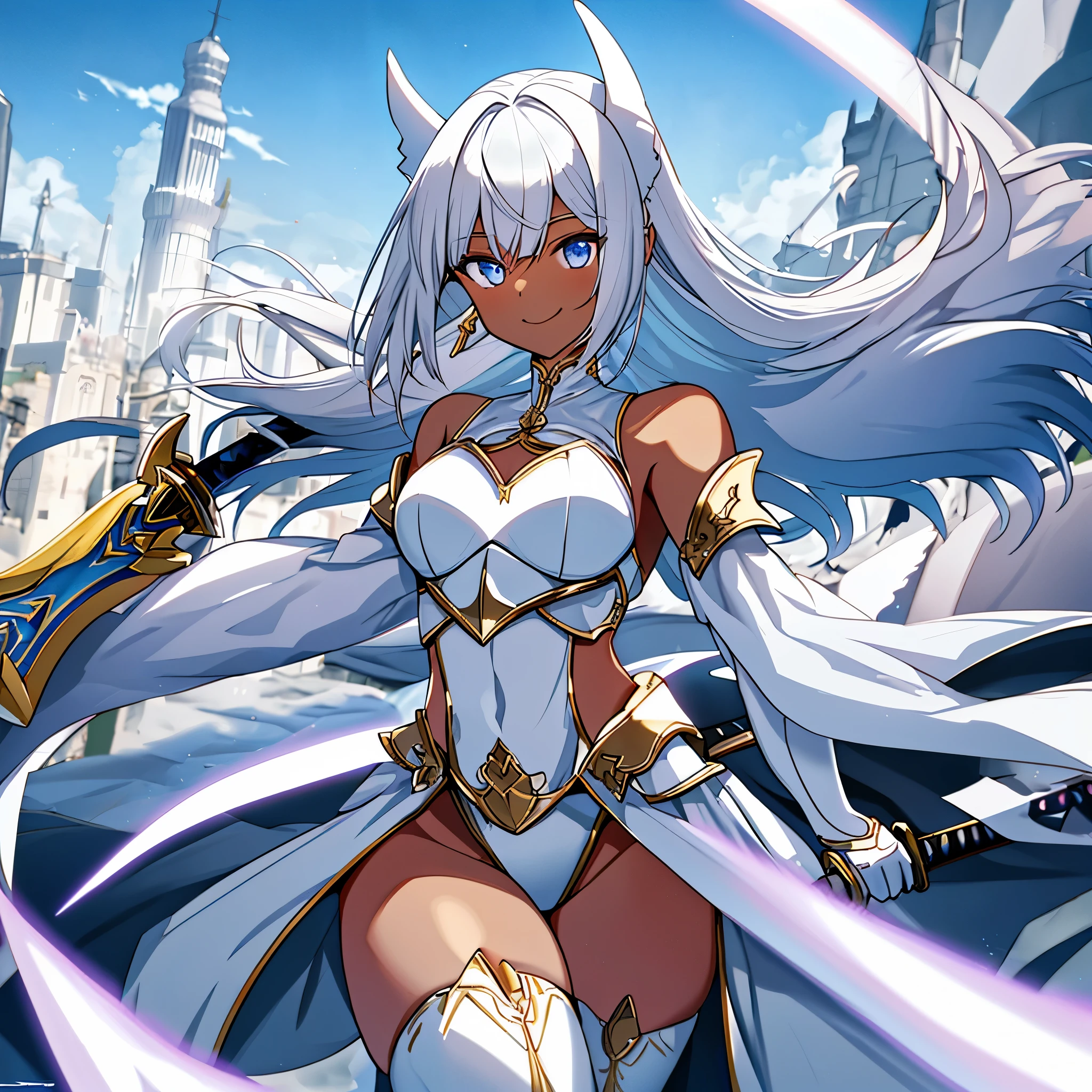 fantasy, 1angel_girl, low_teen, white_medium_bob_hair,long_bangs, (dark_skin)+, bare_shoulder, navel out, thighhighs,silver_shiny_armor, white_clothes,waist_armor, Glebe, hold_shiny_swords, medium_breasts,, dynamic_pose_fighting,Floating, (1pair_white_wings,pelvic_curtain)++, Headgear ,city_sky_background,,slightly_spread_legs, light_smile,multiple_shiny_swords_floating_around_the_girl