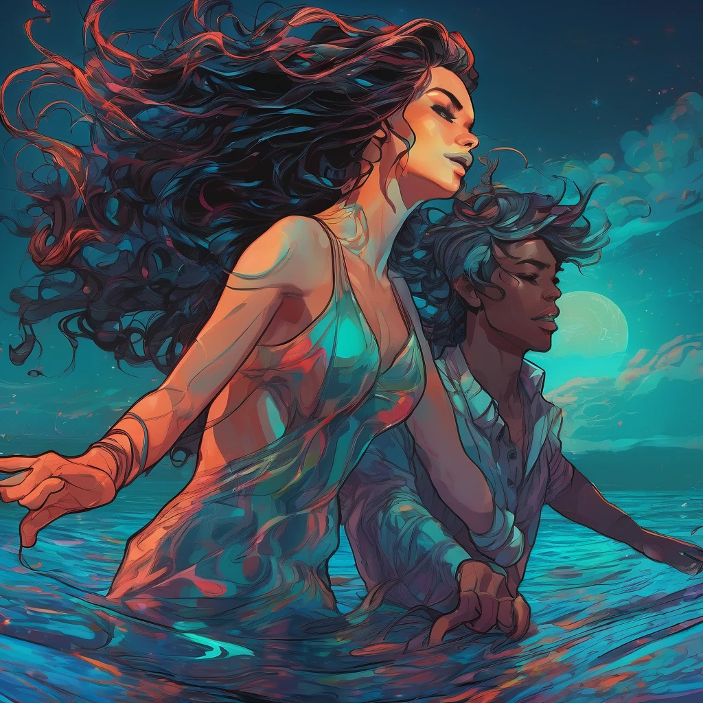 People Dancing on the Sea Surface, aesthetic, extremely detailed, People Dancing on the Sea Surface, Bioluminescent, in the Style of Artgerm and Charlie Bowater and Atey Ghailan and Mike Mignola, vibrant colors and hard shadows and strong rim light, Comic Cover Art, plain background, trending on artstation