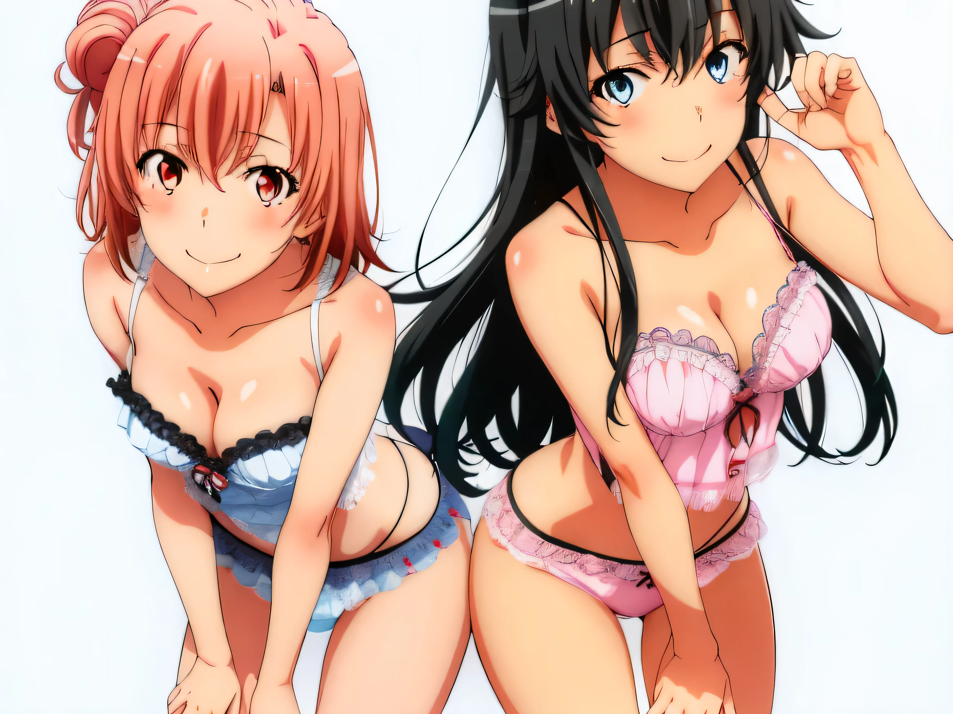 2 girls , Yukinoshita Yukino , yuigahama yui is nice baste, waltz dance , dress can be rolled up,white silk panties,pink panties,thighs,knees,high angle,beautiful eyes,smile