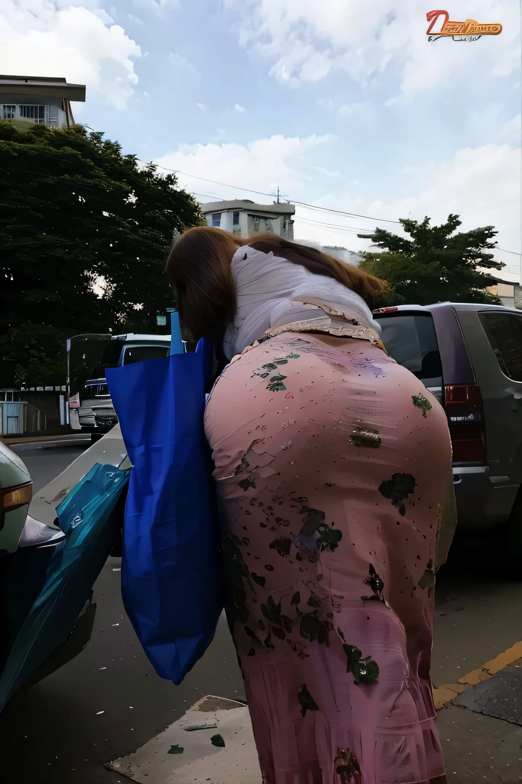 a woman inwhite shirt and green skirt with blue bag on street, insanely inflated hips, uhd candid photo of dirty, candid shot, big booty, candid, absurdist wiggly blob in a dress, 3 0 years woman, rear view, intriguing outfit, somewhat bent over, rear-shot, curvy accentuated booty, gorgeous lady, gigantic tight dress,thick thighs,thick hips,wide hips,widest hips,long hair hanging down her head tonwaist.