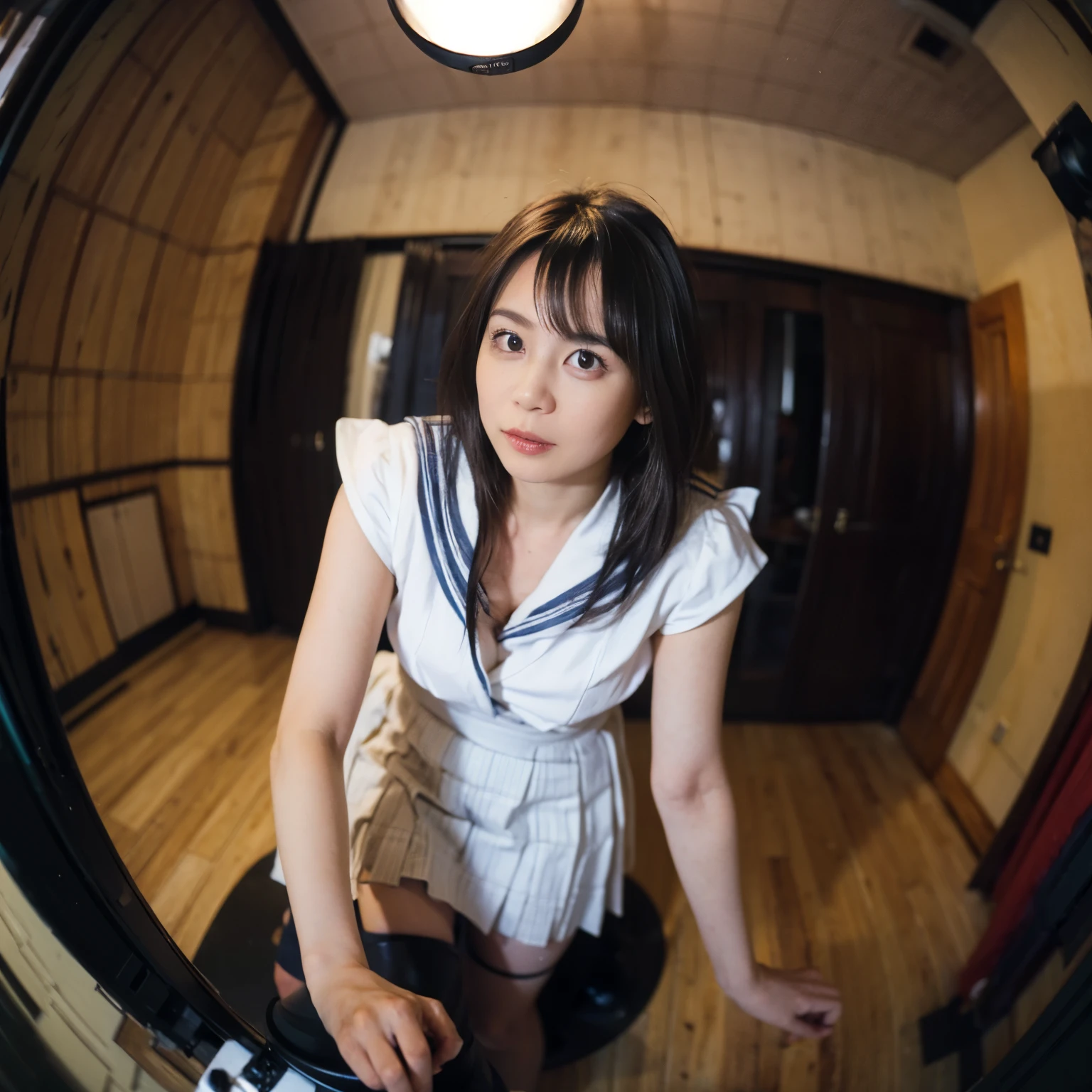 ((Photographed through a fisheye lens:1.75))(Sailor suits and skirts:1.4)(geisha-like girl,) (wearing fishnet tights,) (with medium length haircut,) (in a dimly lit room) (There is only a single bed,) (do something revealing about yourself,) (At night,) (highest quality, High resolution, realistic:1.2) (Super detailed, bright colors:1.4) (Painting-like rendering, No additional details about the room) (, enchanting atmosphere:1.55)
