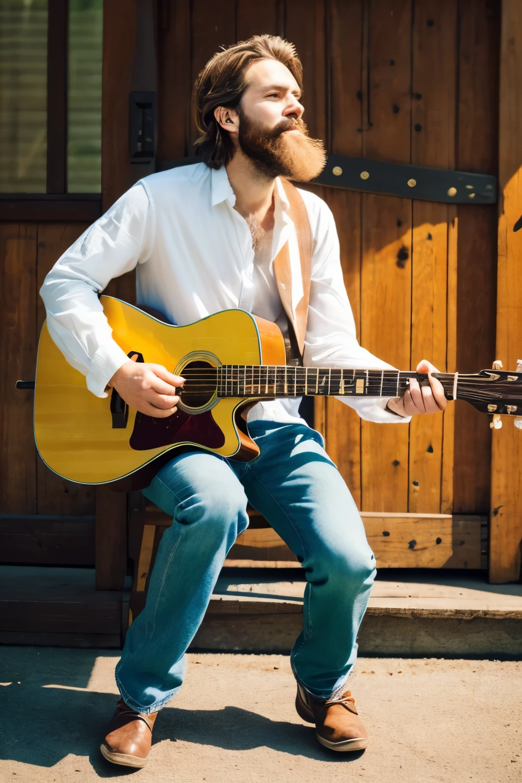 ((Masterpiece: 1.3, best quality, 8k, photorealistic, raw photography, top-quality, hight resolution, lifelike, profetional lighting, highly detailed, depth of fields, one man)), Man, walking on the road, guitar on back: 1.3, ((flowers: 1.4, green, blue, yellow)), Man carries guitar with ease: 1.2, strumming fingers visible: 1.2, ((beard: 1.2, sun-kissed hair: 1.2)), Wearing faded jeans and hikeng boots: 1.2, Long-sleeved shirt, rolled up