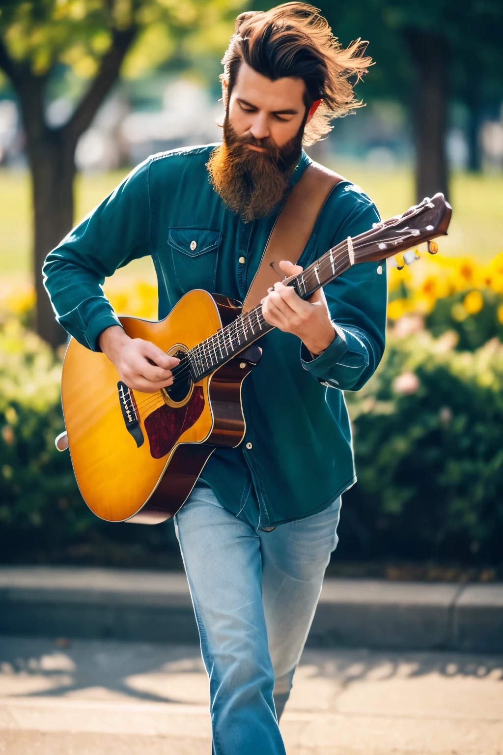 ((Masterpiece: 1.3, best quality, 8k, photorealistic, raw photography, top-quality, hight resolution, lifelike, profetional lighting, highly detailed, depth of fields, one man)), Man, walking on the road, guitar on back: 1.3, ((flowers: 1.4, green, blue, yellow)), Man carries guitar with ease: 1.2, strumming fingers visible: 1.2, ((beard: 1.2, sun-kissed hair: 1.2)), Wearing faded jeans and hikeng boots: 1.2, Long-sleeved shirt, rolled up