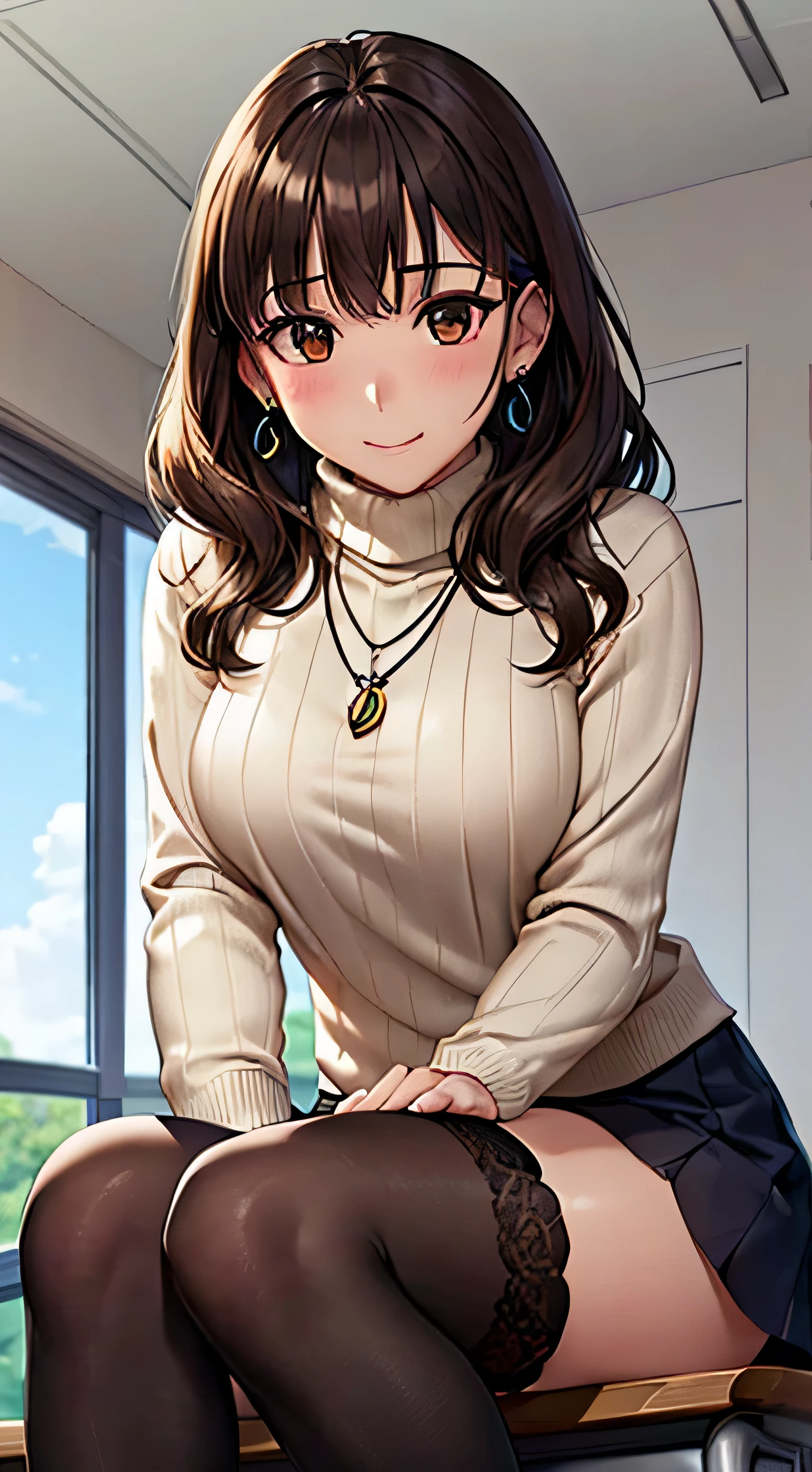(table top, highest quality, High resolution, , perfect pixel, 4k,), 1 girl, single, alone, Beautiful woman、I could see the whole body、 ((wavy mid-length hair, bangs, brown hair)), ((brown eyes, beautiful eyelashes, realistic eyes)), ((detailed face, blush:1.2)), ((smooth texture:0.75, realistic texture:0.65, realistic:1.1, Anime CG style)), soft chest, dynamic angle, perfect body, ((, female teacher, , earrings、necklace、turtleneck sweater、Middle flared skirt、black knee high stockings、open both legs wide、leaning forward、shy smile、sit at a desk in the classroom、put your hands on the desk、)), Upper grade、、、evening、、(You can see the blue and white lace panties、、(、)、angle from below)、