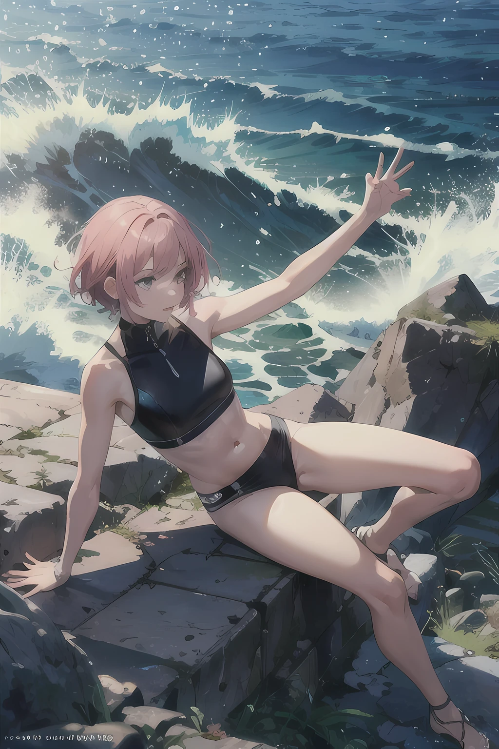 woman with short pink hair , Bold poses , sea