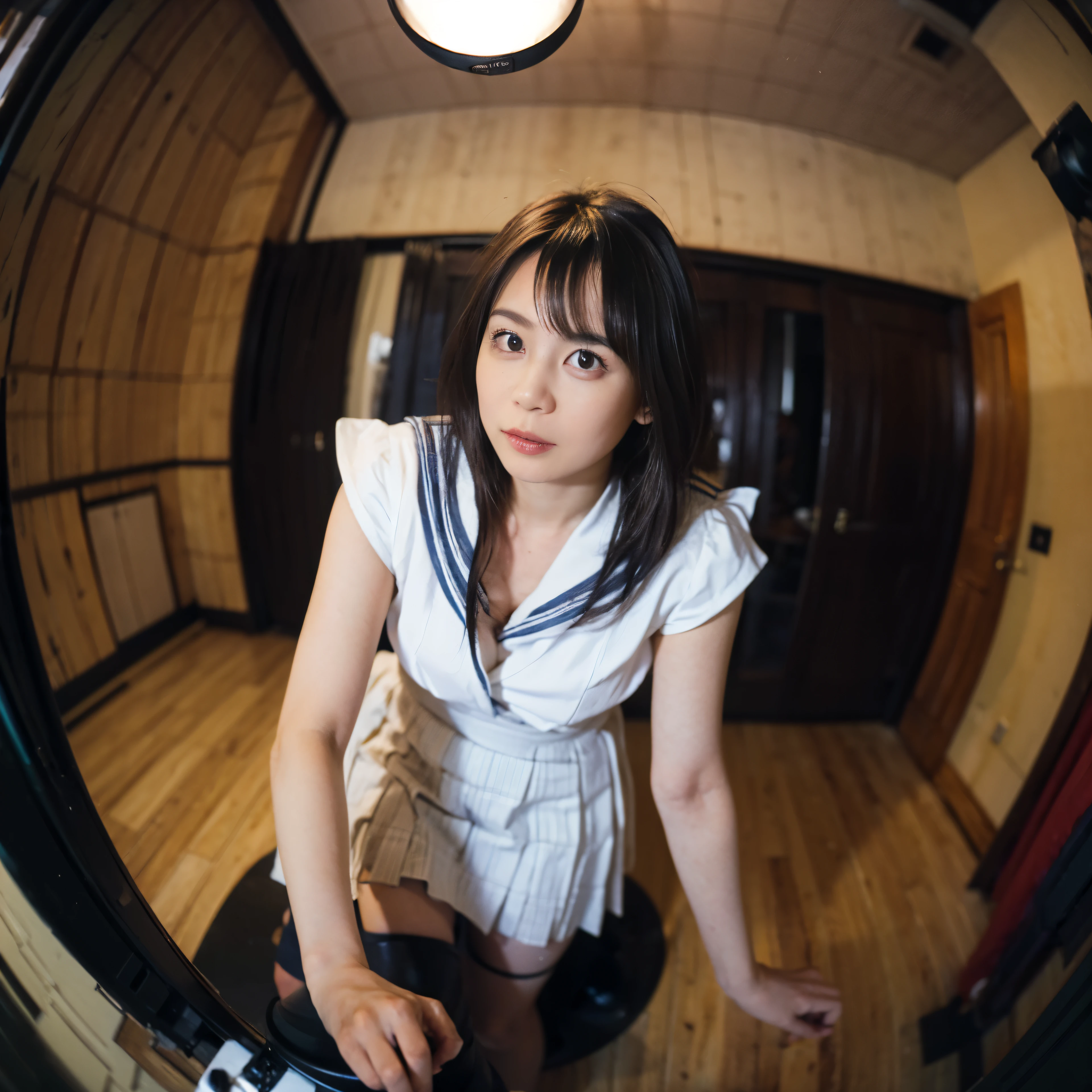 ((Photographed through a fisheye lens:1.75))(Sailor suits and skirts:1.4)(geisha-like girl,) (wearing fishnet tights,) (with medium length haircut,) (in a dimly lit room) (There is only a single bed,) (do something revealing about yourself,) (At night,) (highest quality, High resolution, realistic:1.2) (Super detailed, bright colors:1.4) (Painting-like rendering, No additional details about the room) (erotic, enchanting atmosphere:1.55)