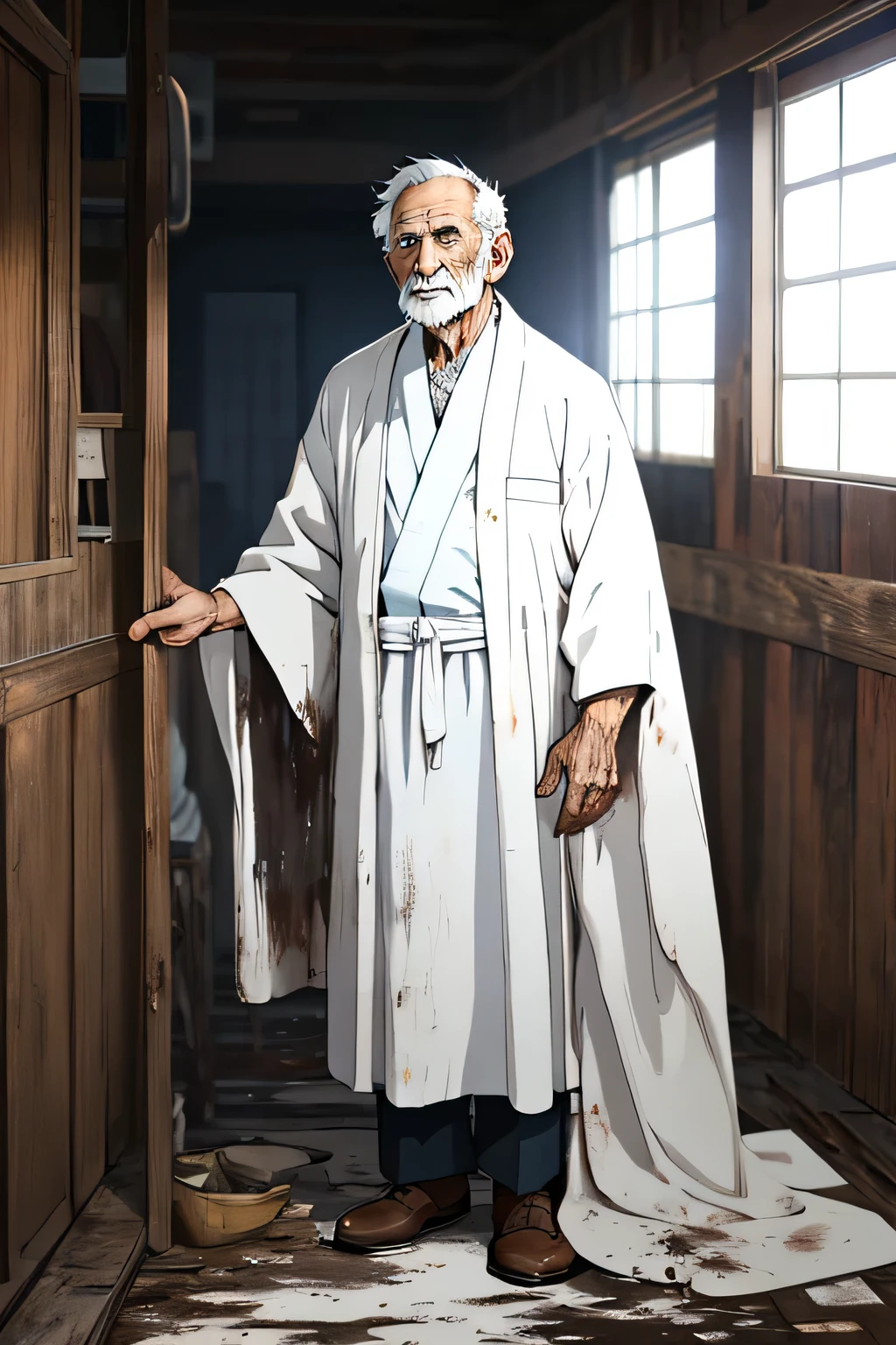 1 elder, white robe,dirty,