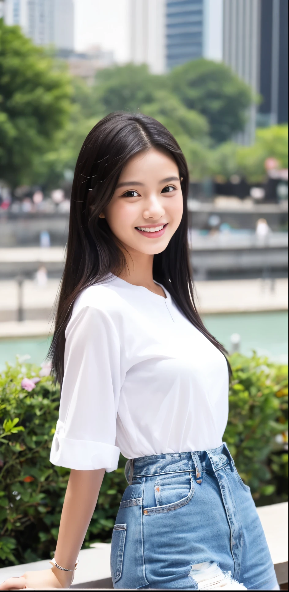 1 girl, indonesian girl, 23 years old, (black hair super-long 1 meters), (beautiful hair), actress, smile, shiny skin, best quality, masterpiece, (photorealistic:1.4), terrace seating, asian, indonesian, jakarta, denim long skirt (realistic fabric), white short sleeves (cotton fabric), (no logo), thin fingers