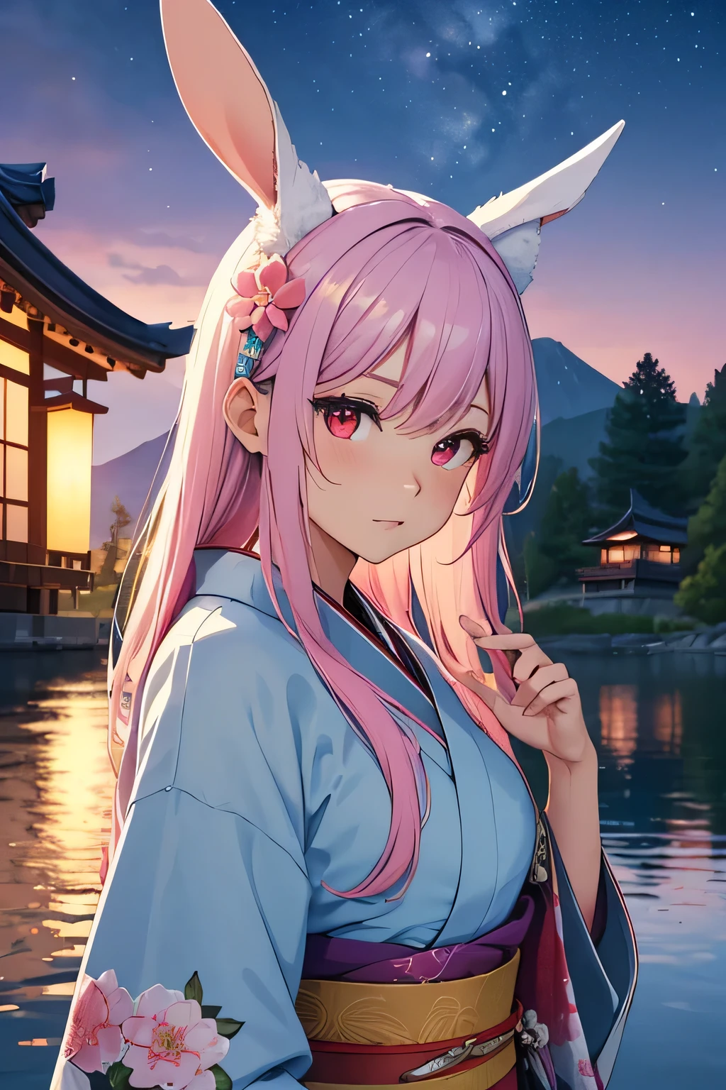 (((masterpiece, scenery, lake))), Japanese gate in lake, reflection, (((aesthetic))), 1girl, beautiful, ((light blue kimono)), (red eyes, vibrant pink long hair), tsundere, (bunny ears), (close-up angle), (((night sky))), (moonlight), vibrant flower background, girl looking at viewer, more_details:-1, more_details:0, more_details:0.5, more_details:1, more_details:1.5,