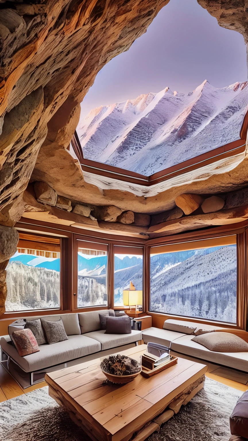 Inside a cave-like room、winter、Views of snowy mountains can be seen from the large windows.、fantastic scenery、it&#39;s snowing outside、sofa、cushion、warm colored rug、Wood-burning stove、