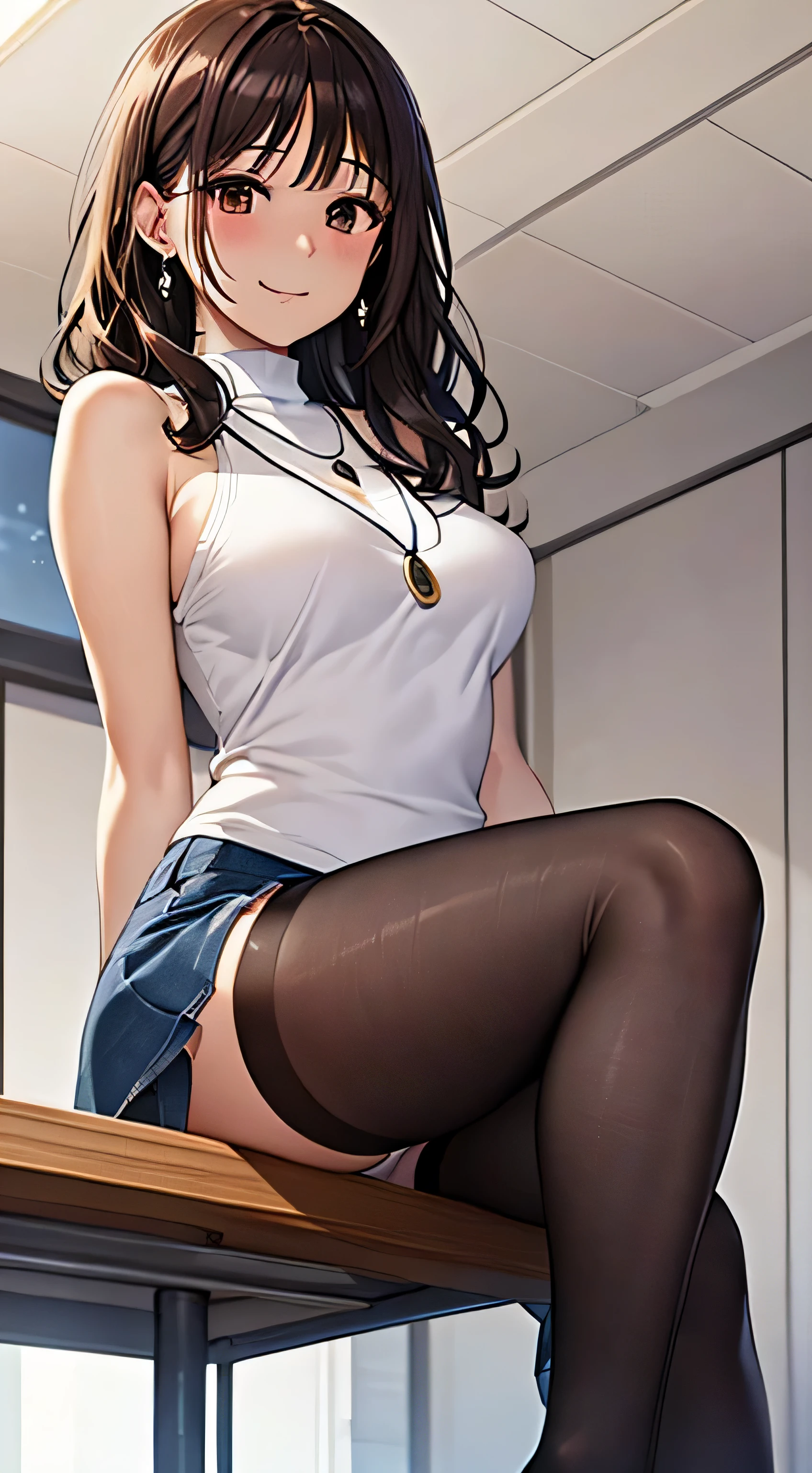 (table top, highest quality, High resolution, , perfect pixel, 4k,), 1 girl, single, alone, Beautiful woman、I could see the whole body、 ((wavy mid-length hair, bangs, brown hair)), ((brown eyes, beautiful eyelashes, realistic eyes)), ((detailed face, blush:1.2)), ((smooth texture:0.75, realistic texture:0.65, realistic:1.1, Anime CG style)), soft chest, dynamic angle, perfect body, ((, female teacher, , earrings、necklace、Beige sleeveless turtleneck sweater、、black knee high stockings、((open both legs wide、open both knees、leaning forward、shy smile))、Tight denim skirt、shy smile、university classroom、Sitting at the pulpit、emphasize the chest)), Upper grade、、、evening、、(You can see her pink and white lace panties、、(、)、angle from below)、