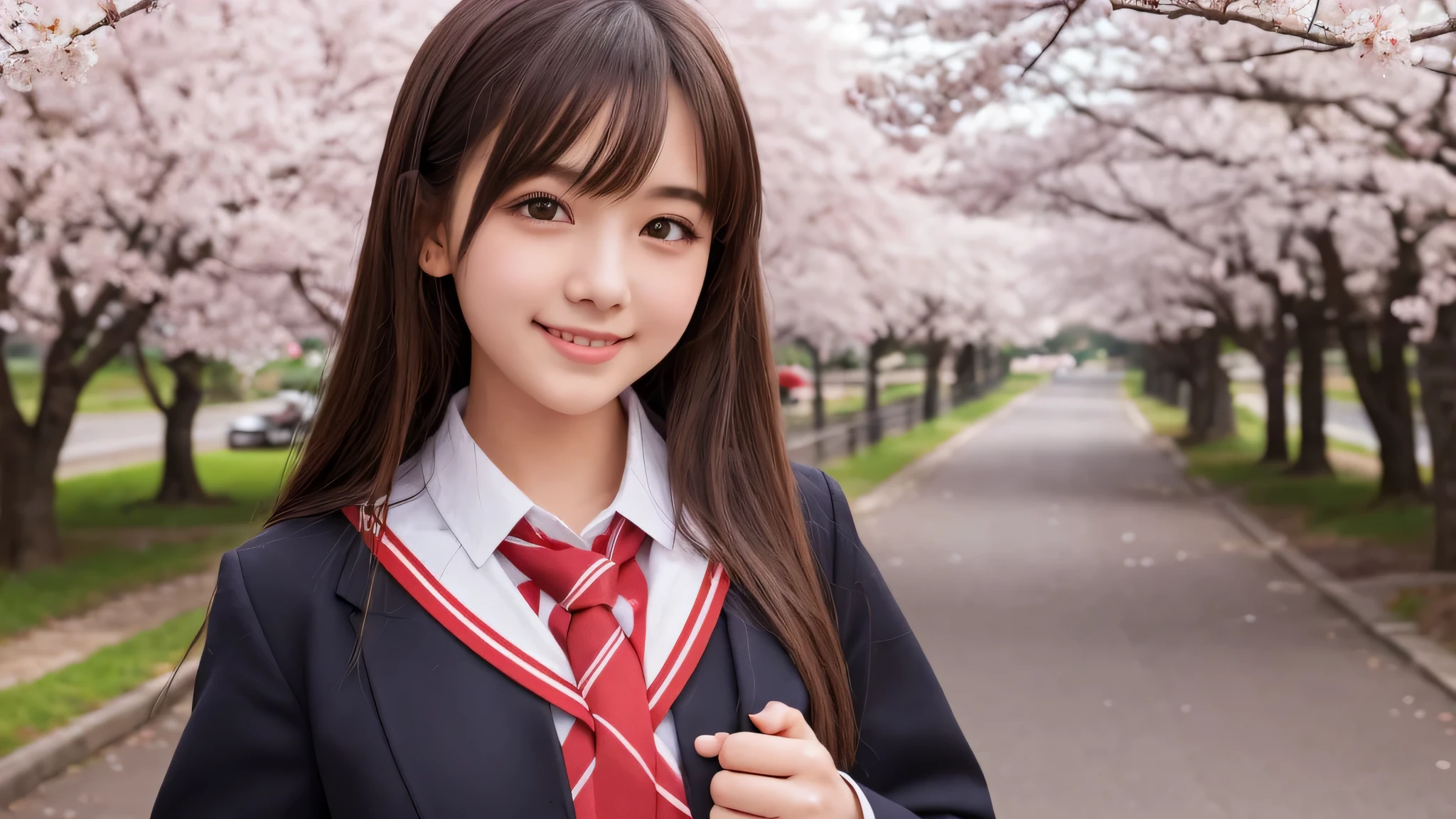 (1 girl), kind face, (big round eyes), cute smile, brown eyes, (high school uniform:1.2), (highest quality: 1.4), (Super detailed), (highest quality:1.4), (Super detailed), evening, very high resolution, (Upper body), close up face, school anime, anime illustration, Cherry tree, (street, city, River side)