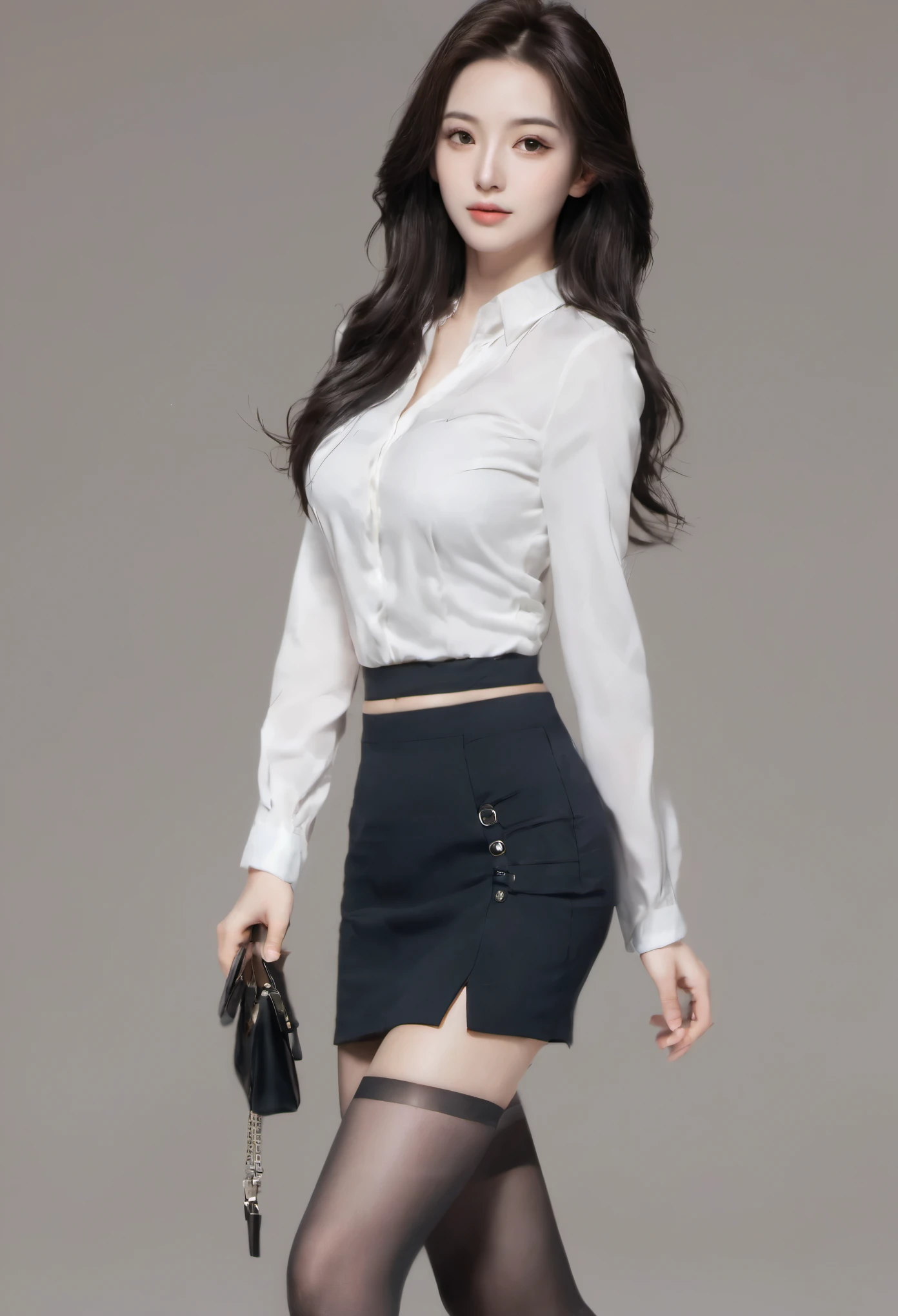 masterpiece, best quality, official art, model sheet, concept art, Large aperture, blurry background,(Perfect female body:1.2),(dark theme:1.3),(natural Skin texture, high clarity) , 1girl, solo, fullbody, long hair, skirt, black hair, standing, pantyhose, pencil skirt, high heels,pencil_skirt,high_heels,handbag ,g008,,, g009,