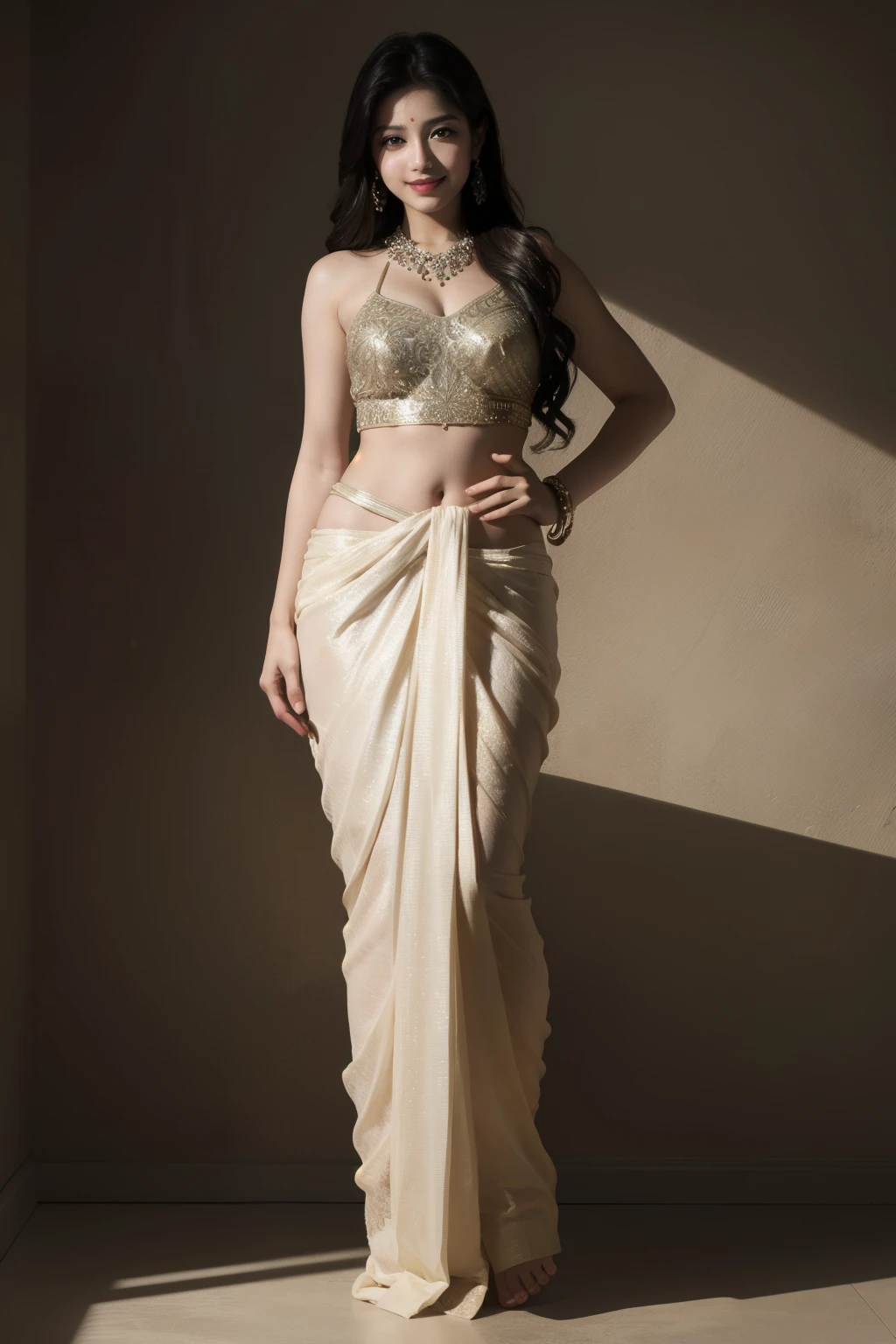 best quality, masterpiece, (photorealistic:1.4), 1girl, light smile, half saree dropped fully, waist up, dramatic lighting, from below, wit in full body 
