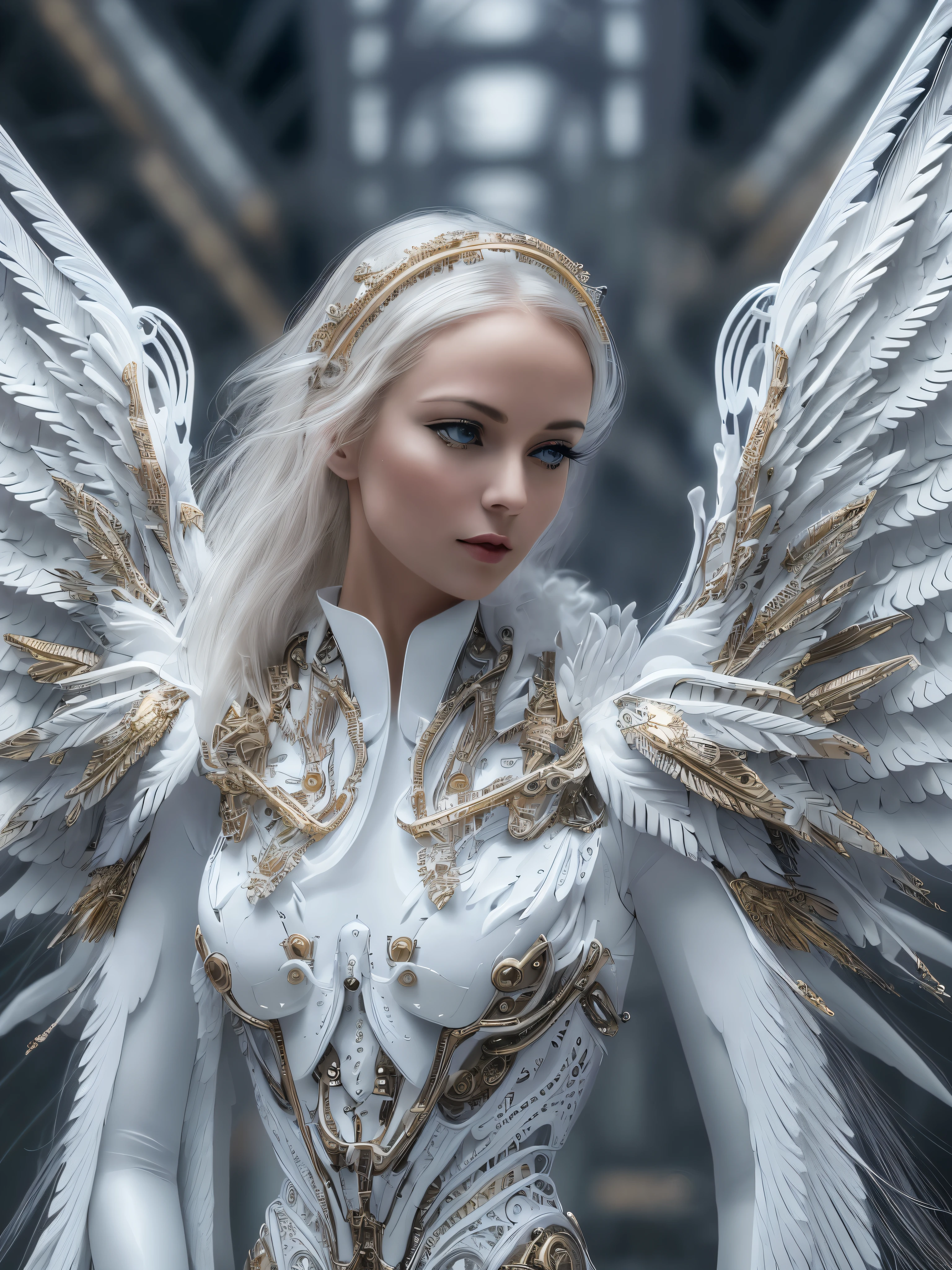 Close-up of a woman in a white dress with wings, full body angel, futuristic robot angel, amazing angel wings, angel knight gothic girl, angel in plastic armor, intricate costume designs, As a mysterious Valkyrie, The whole body is made of white feathers,, futuristic and fantastic, white wings, beautiful angel wings, steampunk angel, beautiful cyborg angel girl, graceful wings