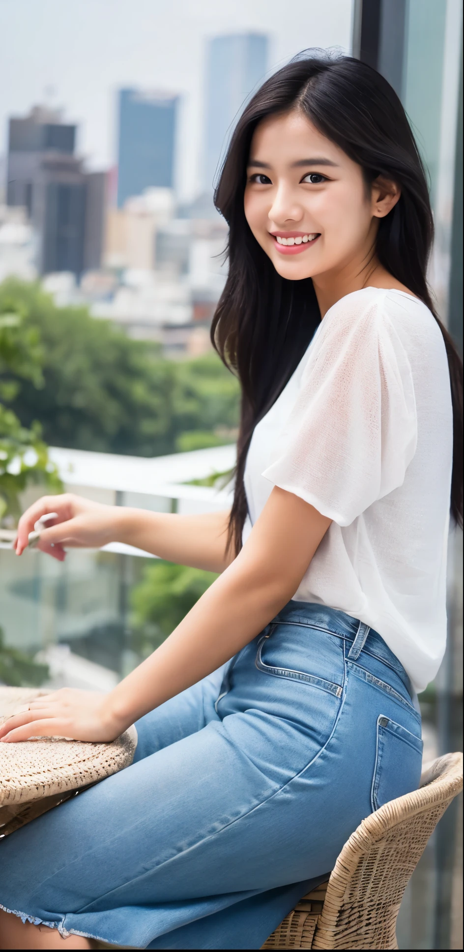 1 girl, indonesian girl, (black hair semi-long)(beautiful hair), actress, smile, shiny skin, best quality, masterpiece, (photorealistic:1.4), terrace seating, asian, indonesian, jakarta, denim mini skirt (realistic fabric), white short sleeves (cotton fabric), (no logo), thin fingers