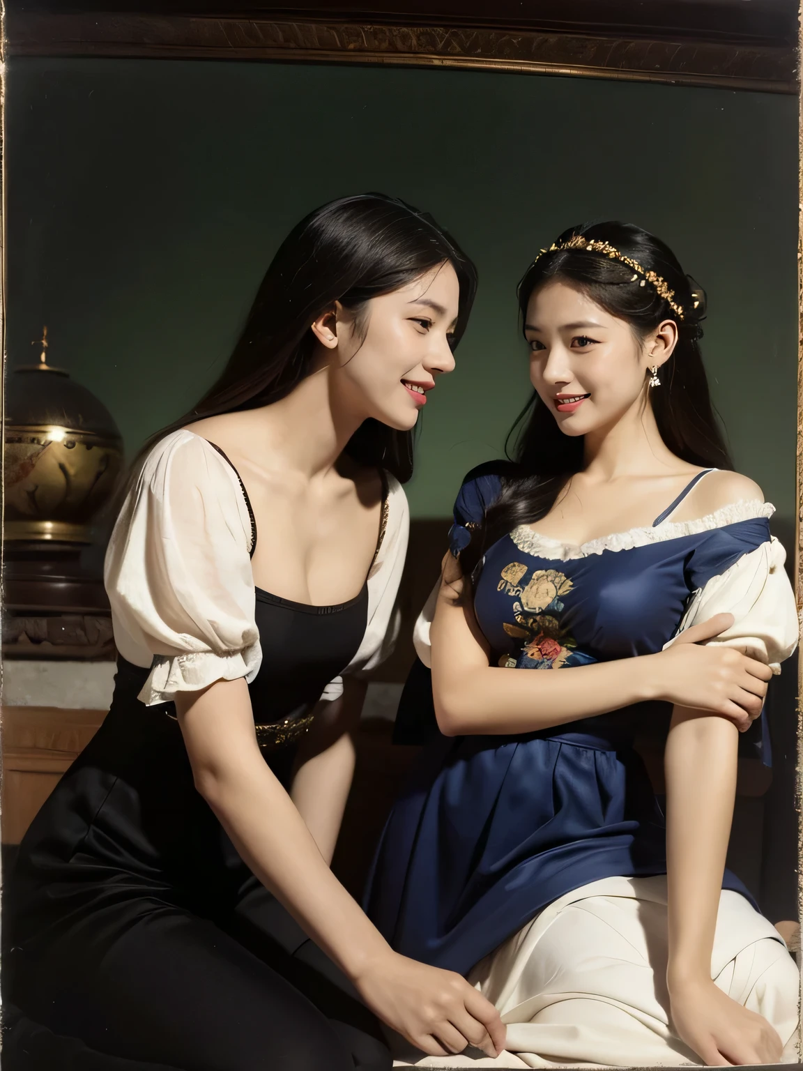 Giorgione painting style,Arguments of two female Philosophe,math、astronomical machine、astronaut、roses in vase、fruits、Cute trinkets、smile、ancient greek costume、Ancient Roman landscape in the style of Nicolas Poussin,laughter,,Sweet and seductive appearance.、Caravaggio's paintings、Chiaroscuro of Caravaggio、hair tousled by the wind,Two women frolicking,cute smile, expression of ecstasy,Sexy,erotic