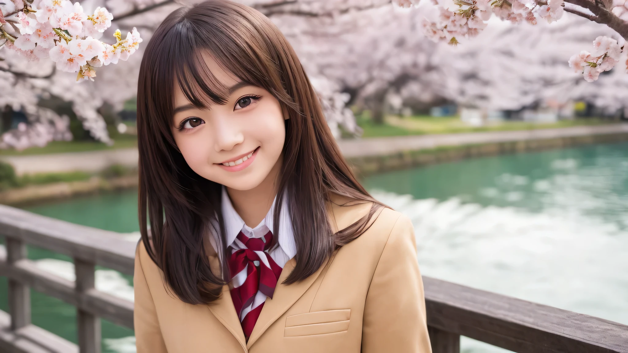 (1 girl), kind face, (big round eyes), cute smile, brown eyes, (high school uniform:1.2), (highest quality: 1.4), (Super detailed), (highest quality:1.4), (Super detailed), evening, very high resolution, (Upper body), close up face, school anime, anime illustration, Cherry tree, (street, city, River side)