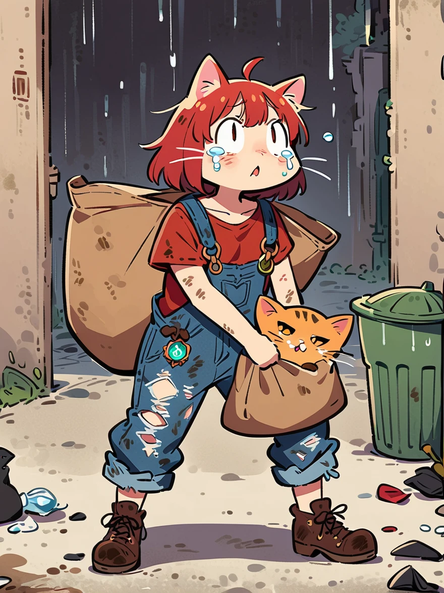 cartoon illustration，simple，rainstorm，Depicting an anthropomorphic cat，solo，Dirty，eyes dull，Listless，Malaise，decadent，crying emoticon，Loose ripped denim ripped overalls overalls，red linen shirt，Tattered leather shoes，There is a big bag next to you，Sitting next to the trash can on a dirty street corner，Many broken wine bottles around，Dirty environment，correct human anatomy