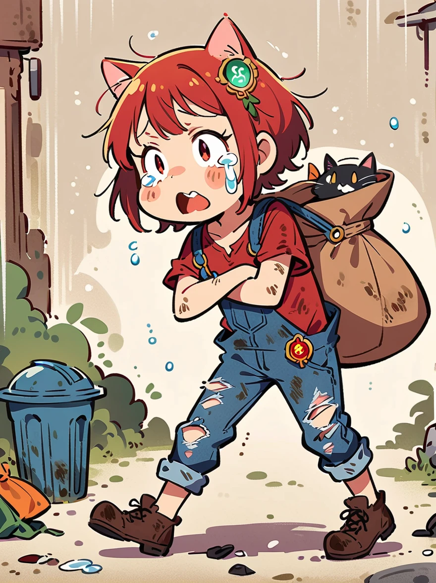 cartoon illustration，simple，rainstorm，Depicting an anthropomorphic cat，solo，Dirty，eyes dull，Listless，Malaise，decadent，crying emoticon，Loose ripped denim ripped overalls overalls，red linen shirt，Tattered leather shoes，There is a big bag next to you，Sitting next to the trash can on a dirty street corner，Many broken wine bottles around，Dirty environment，correct human anatomy