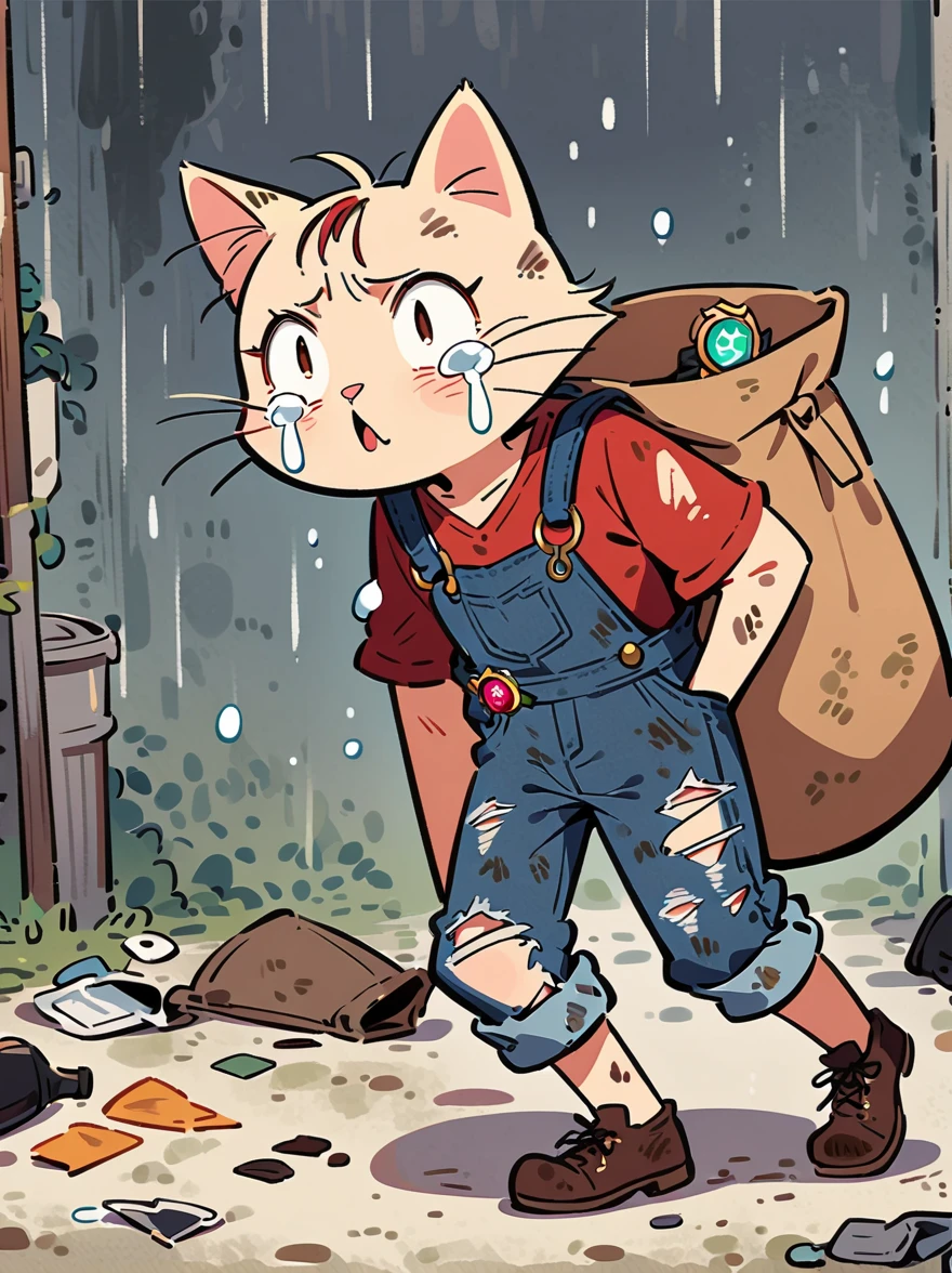 cartoon illustration，simple，rainstorm，Depicting an anthropomorphic cat，solo，Dirty，eyes dull，Listless，Malaise，decadent，crying emoticon，Loose ripped denim ripped overalls overalls，red linen shirt，Tattered leather shoes，There is a big bag next to you，Sitting next to the trash can on a dirty street corner，Many broken wine bottles around，Dirty environment，correct human anatomy