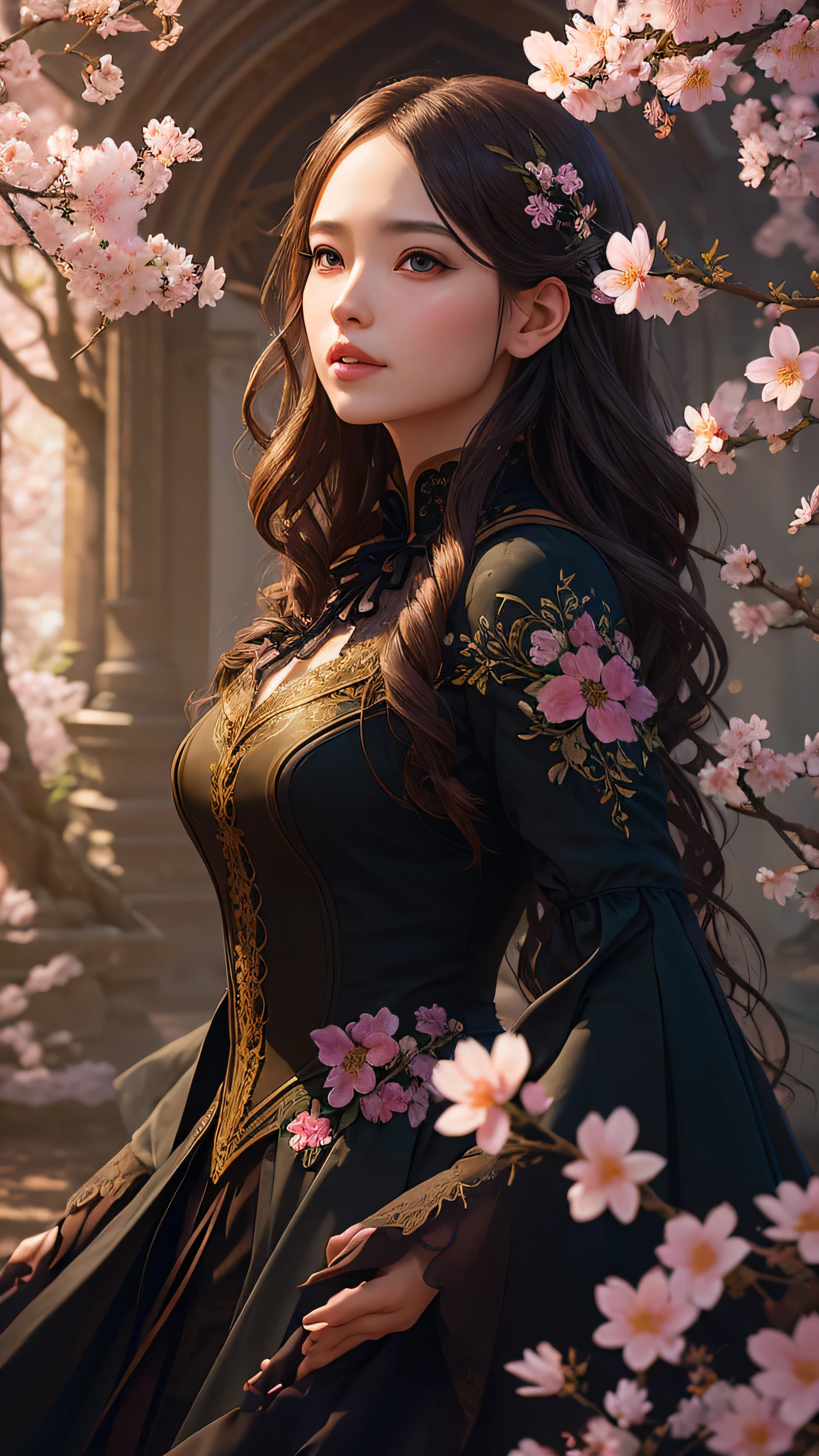 A Flower by Kathy Weldon, Olga Kvasa, Miho Hirano, hyperdetailed complicatedly detailed gothic art trending on Artstation triadic colors Unreal Engine 5 detailed matte painting, dark, extremely good, complicated detail, splash screen, complementary colors, fantasy concept art, 8K resolution, Gothic unusual art masterpiece, (dark shot:0.9), Greg Rutkoski (Greg Rutkoski) and artworks created by artgerm, soft light, Adobe Lightroom, photo studio, high dynamic range, complicated, Very detailed, Cherry blossoms,