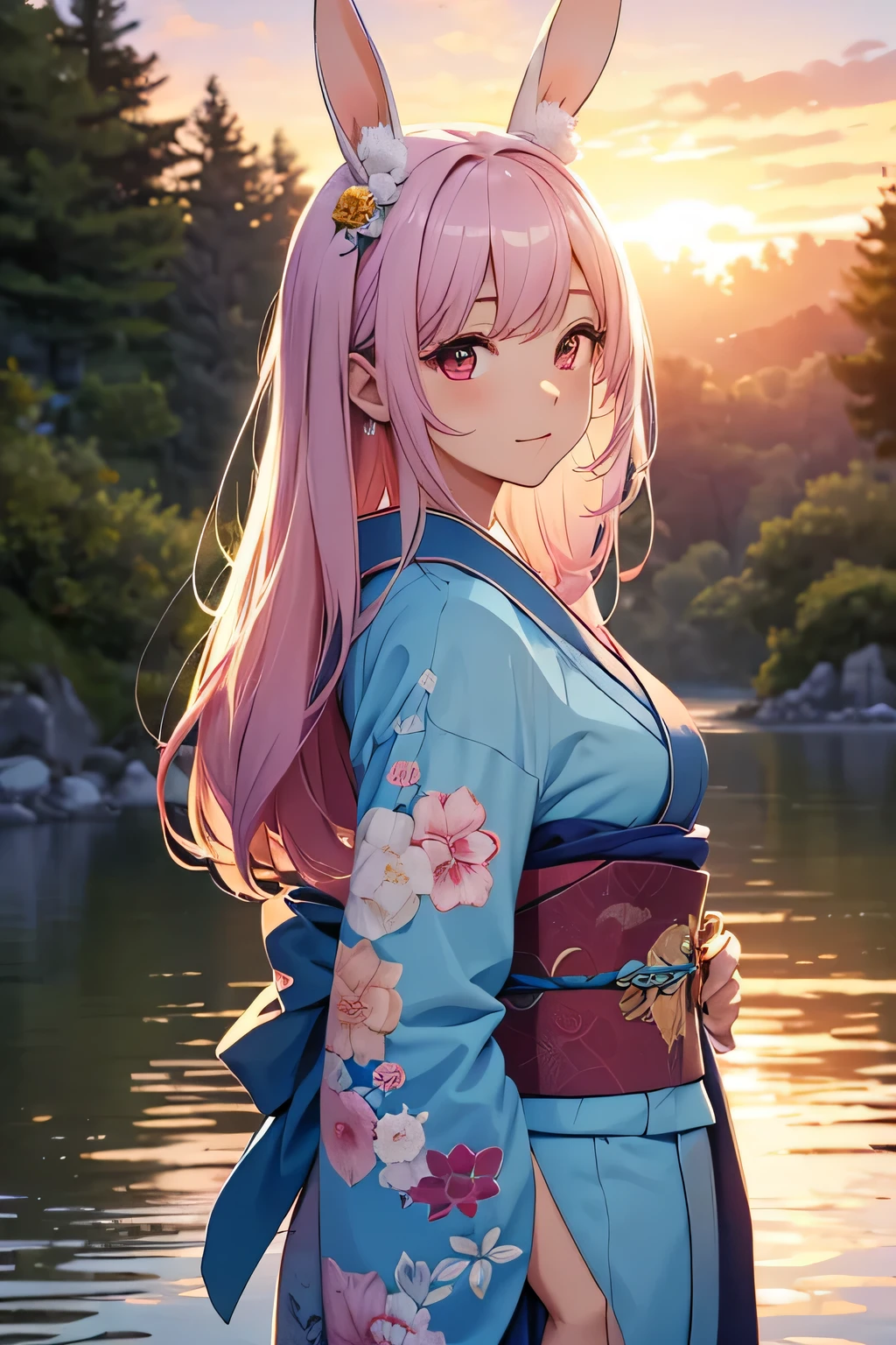 (((masterpiece, scenery, lake))), Japanese gate in lake, reflection, (((aesthetic))), 1girl, beautiful, ((light blue kimono)), (red eyes, vibrant pink long hair), tsundere, (bunny ears), (close-up angle), (((sunset))), baby blue flowers in background, girl looking at viewer, more_details:-1, more_details:0, more_details:0.5, more_details:1, more_details:1.5,