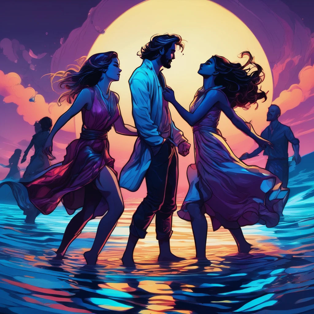 People Dancing on the Sea Surface, aesthetic, extremely detailed, People Dancing on the Sea Surface, Bioluminescent, in the Style of Artgerm and Charlie Bowater and Atey Ghailan and Mike Mignola, vibrant colors and hard shadows and strong rim light, Comic Cover Art, plain background, trending on artstation