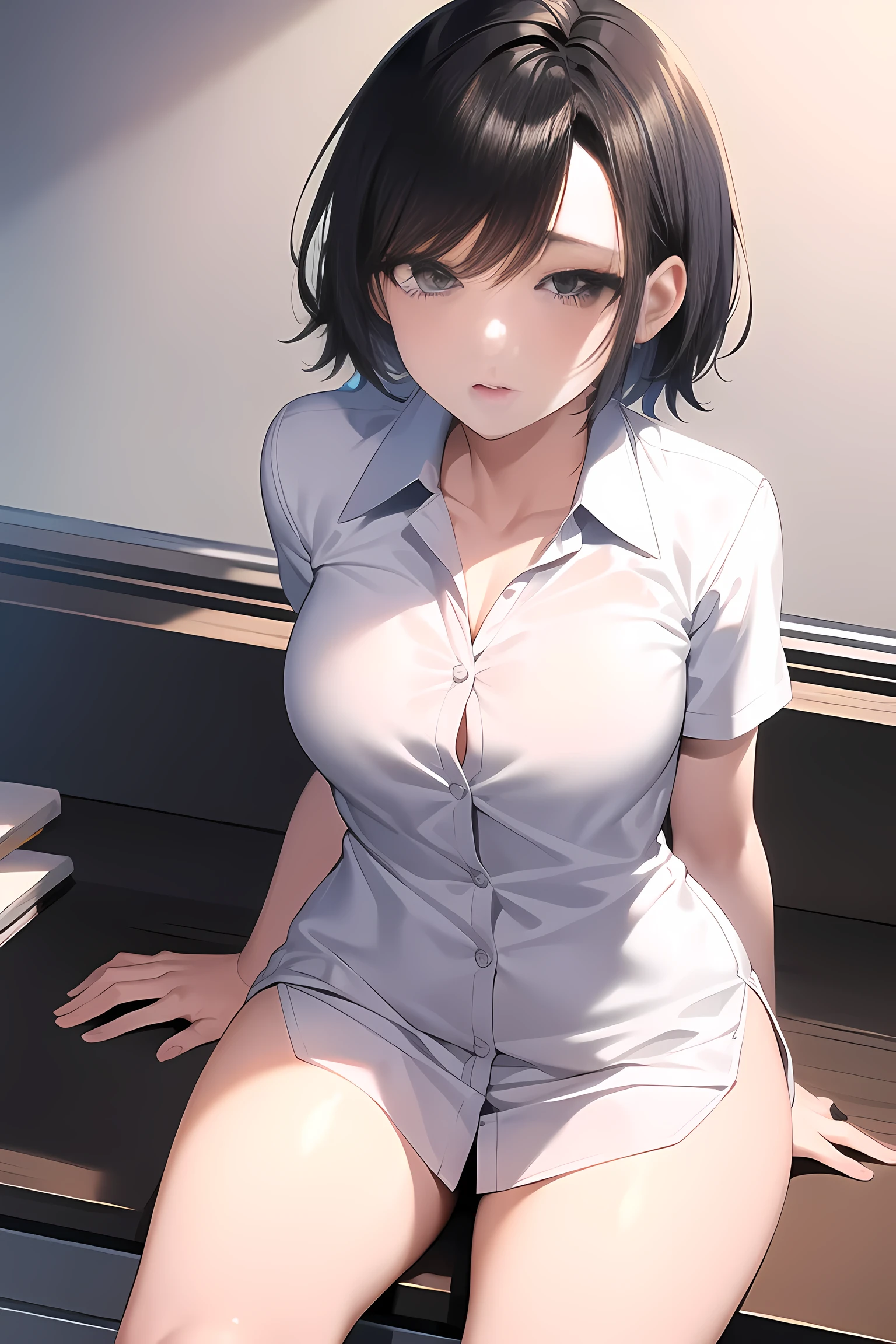 adult short hair tomboy, white shirt, office room
