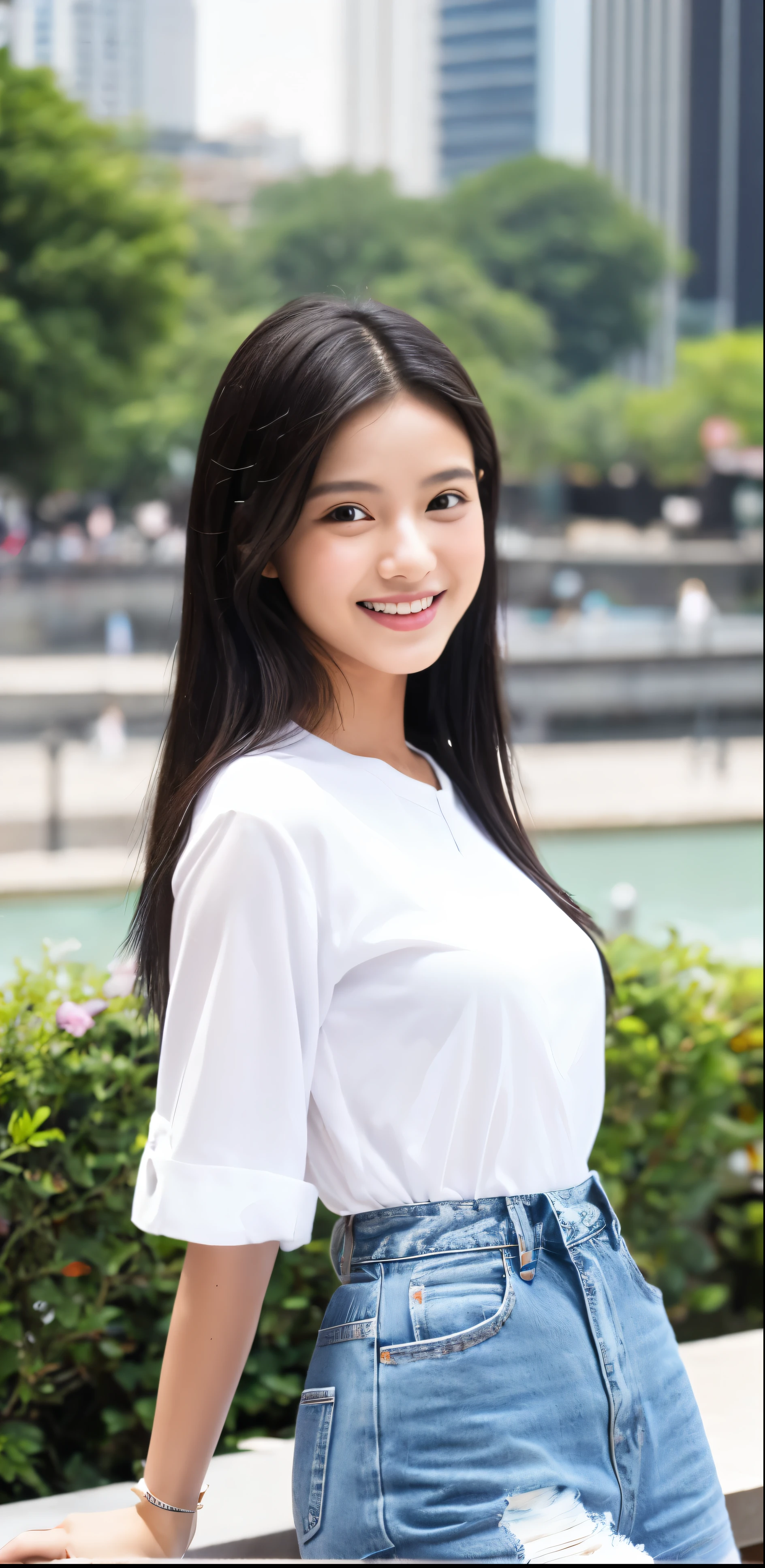 1 girl, indonesian girl, 23 years old, (black hair super-long 1 meters), (beautiful hair), actress, smile, shiny skin, best quality, masterpiece, (photorealistic:1.4), terrace seating, asian, indonesian, jakarta, denim long skirt (realistic fabric), white short sleeves (cotton fabric), (no logo), thin fingers