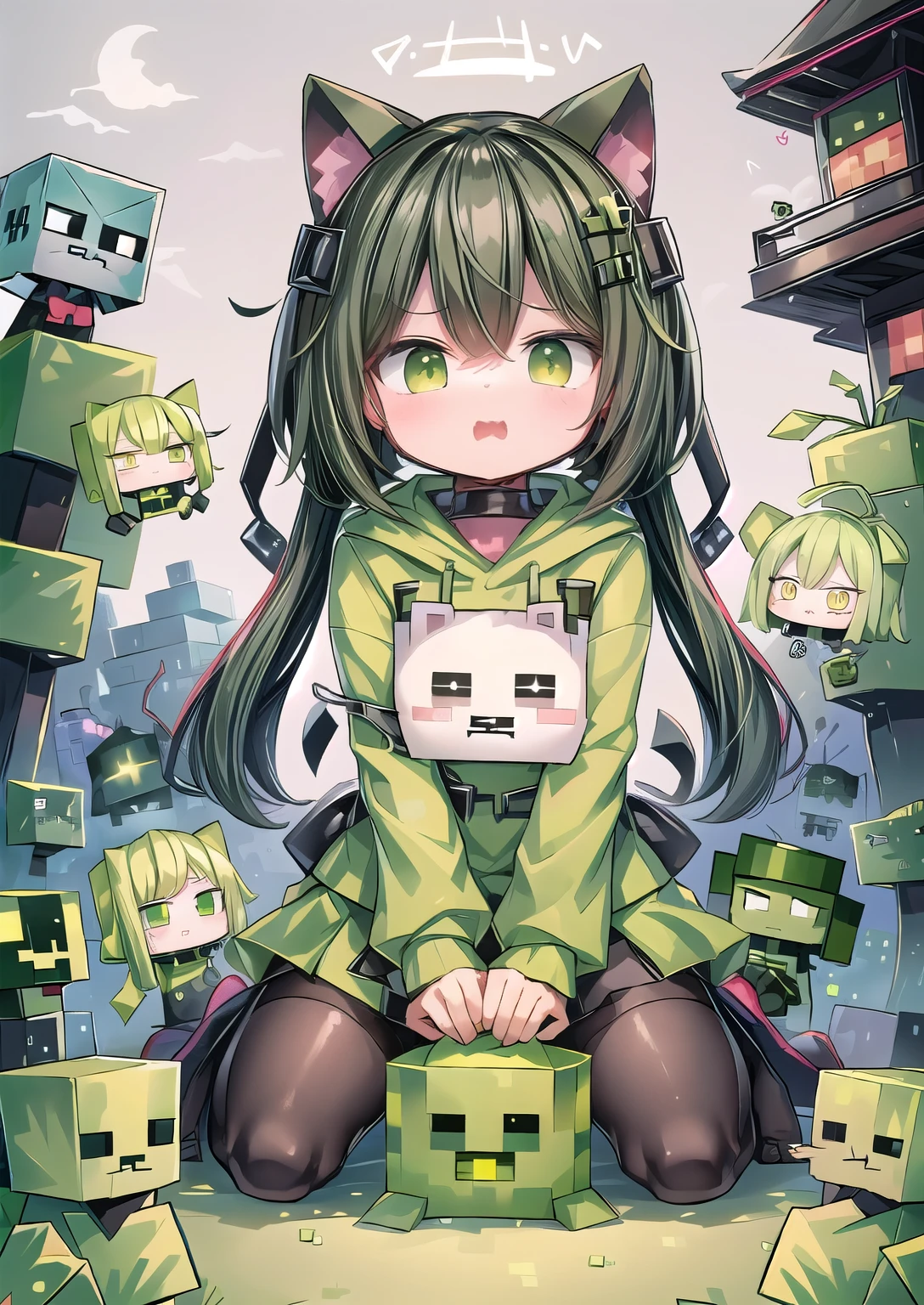 One wearing a green hoodie、Cartoon image of girl holding green ax, Creeper, Creepers, minecraft Creeper, Creep, minecraft Creeper in real life, ❤🔥🍄🌪, Japanese cartoons!!!!!!!!!!!!!!!, my world风格, !!!!!!!!!!!!!!!!!!!!!!!!!, Creeper world, ((Zerat)), Official fan art, Crypt Lurkers!!, Creepy kawaii, my world