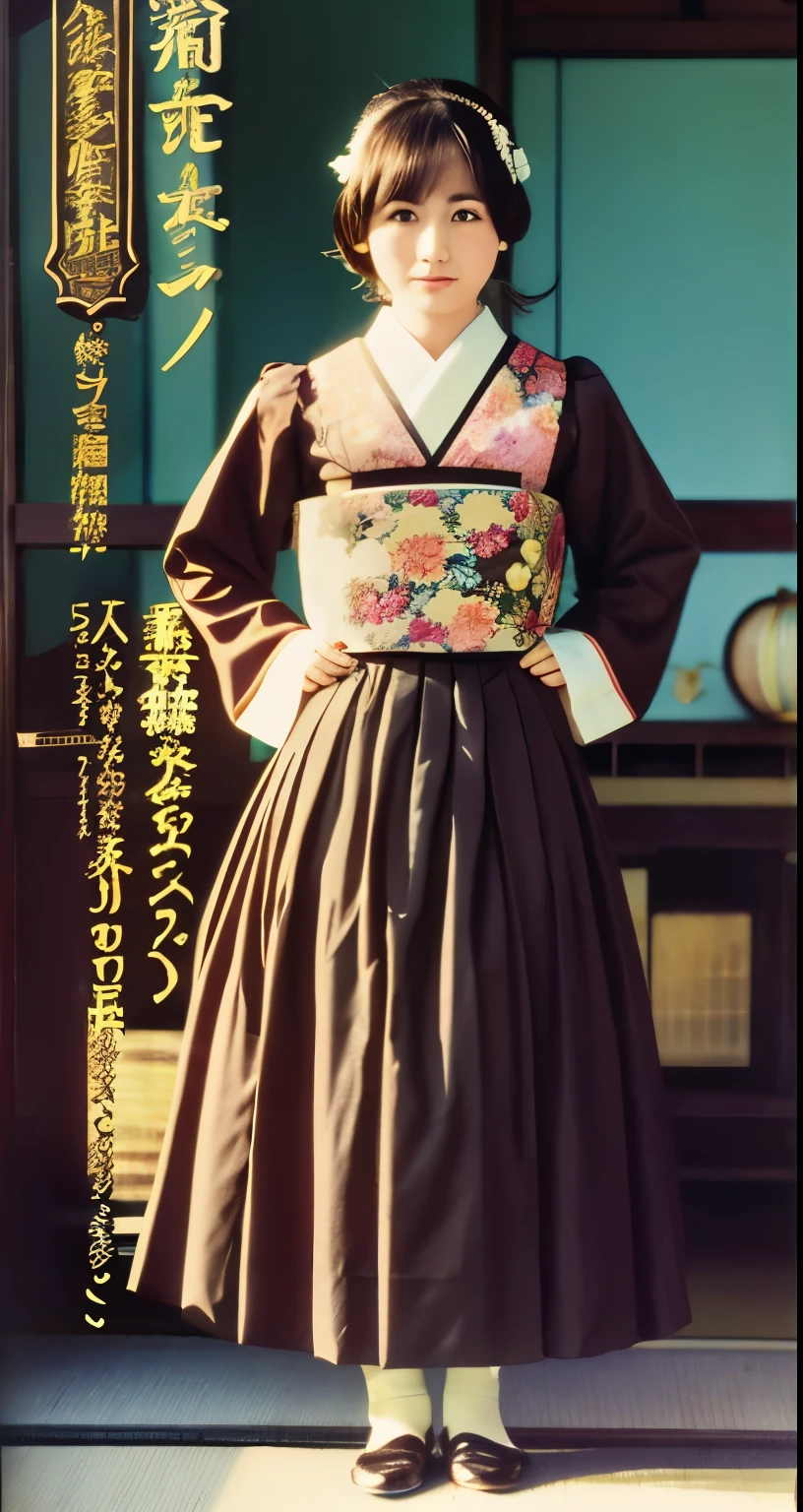 Adult japanese female wearing long-sleeved shirt. She is extremely tiny stature. Her looks like association ball. 1964. Japan, Kashihara. color slide film.