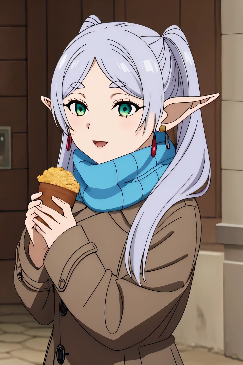 ((highest quality)),((very detailed)),masterpiece,disorganized,detailed face,beautiful face,(fine eyes, deep eyes),1 girl freezing, pointed ears, alone, scarf, blue scarf, twin tails, green eyes, outdoor, earrings, jewelry, long hair, open your mouth, gray hair, smile, Upper body, goblin, , button, coat, bangs, parted bangs, Day, thick eyebrows,  white ,  short eyebrows,carrying food to mouth