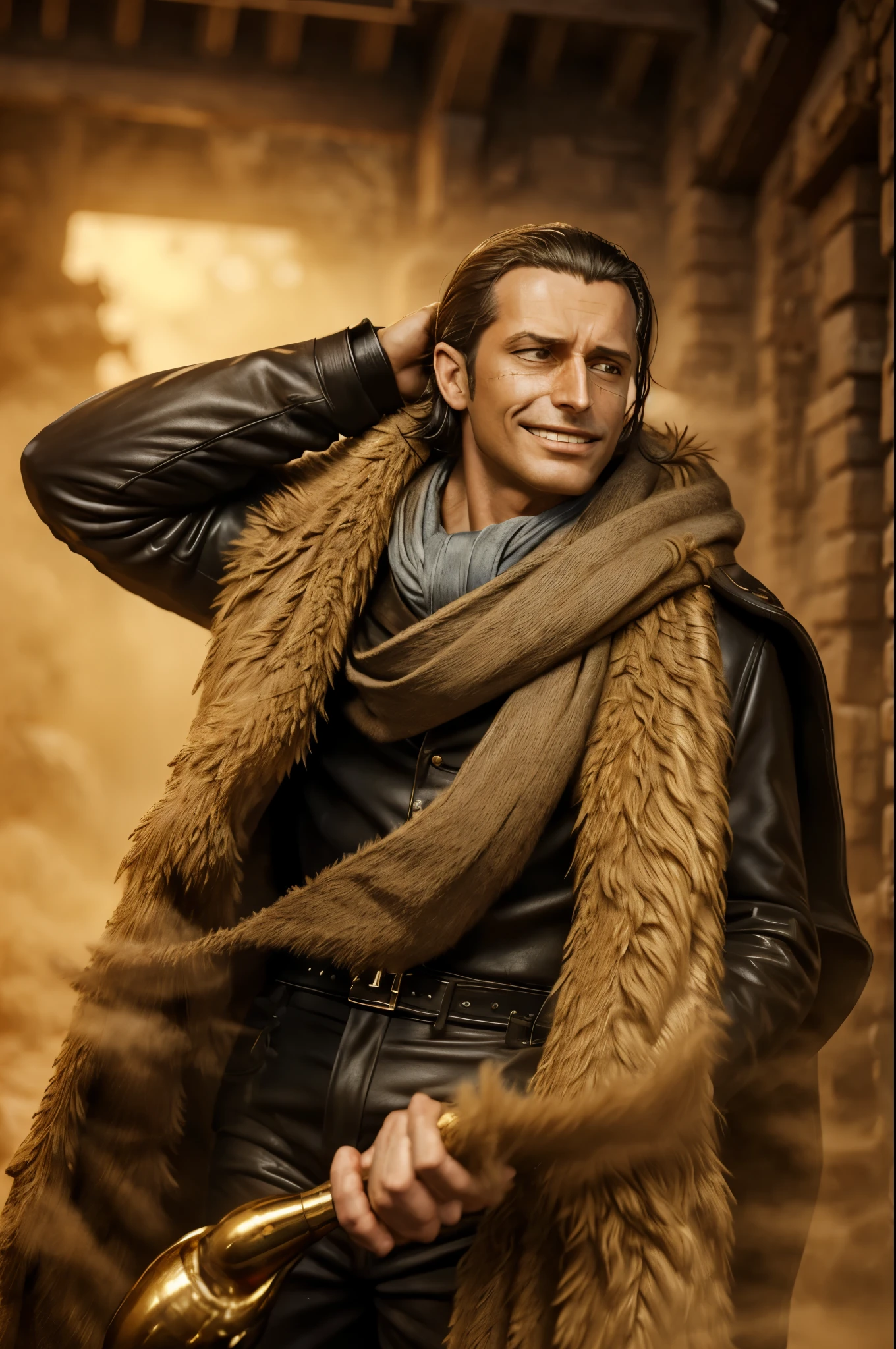 masterpiece, best quality, extremely detailed, hyperrealistic, photorealistic, a cool 40s man, ultra detailed face:1.2, fur-trimmed coat, scarf around the neck, his left hand is a golden pirate hook:1.1, sly smile, sandstorm

