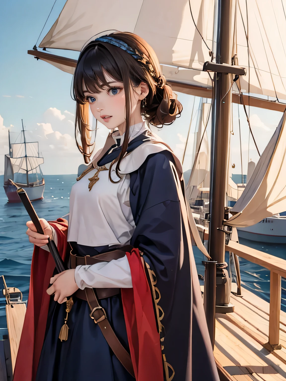 (medieval world), medieval European aristocratic dress, on the deck of a medieval sailing ship during the Age of Discovery in the Middle Ages, sailors, a lot of cargo,