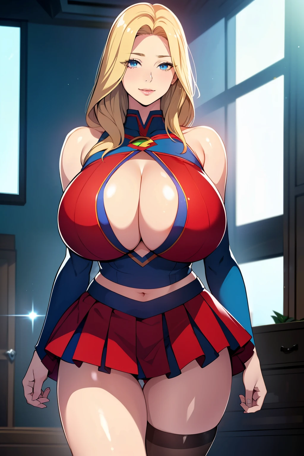 nsfw: 1.5, masterpiece, best quality, high quality, high definition, high quality textures, high quality shadows, high definition, beautiful detail, highly detailed CG, detailed textures, realistic representation of faces, realistic, colorful, delicate , cinematic lights, side lights, lens flares, ray tracing, sharp focus, supergirl, ((best quality, masterpiece, absurd, 8k)), 1 girl, solo, 21 years old,Supergirl(Helen Slater), huge breasts, huge breasts, long hair down to her hips, long hair,low hair, voluminous hair, white skin tone, green eyes, sparkling expressive eyes, gigantic breasts, she is supergirl, Supergirl , japanese sailor female Supergirl, costume female school,stocking 7/8 ,superman suit, seductive smile, building terrace, daytime, pretty, young woman, hands behind) (1girl, __focus__:1.3), (intricate details, makeup , PureErosFace_V1:0.5), (delicate beautiful face with details, Delicate eyes beautiful in details, perfect face proportions, dense skin, ideal proportion of four fingers and one thumb, arms under the chest, huge breasts, miniskirt,upskirt,wide hips, flat upper abdomen , thin, dressed, blonde: 1.3), bed, no hands, perfect eyes, detailed eyes, show midriff, sexy, cleavage, red skirt, gigantic breasts, cowboy shot