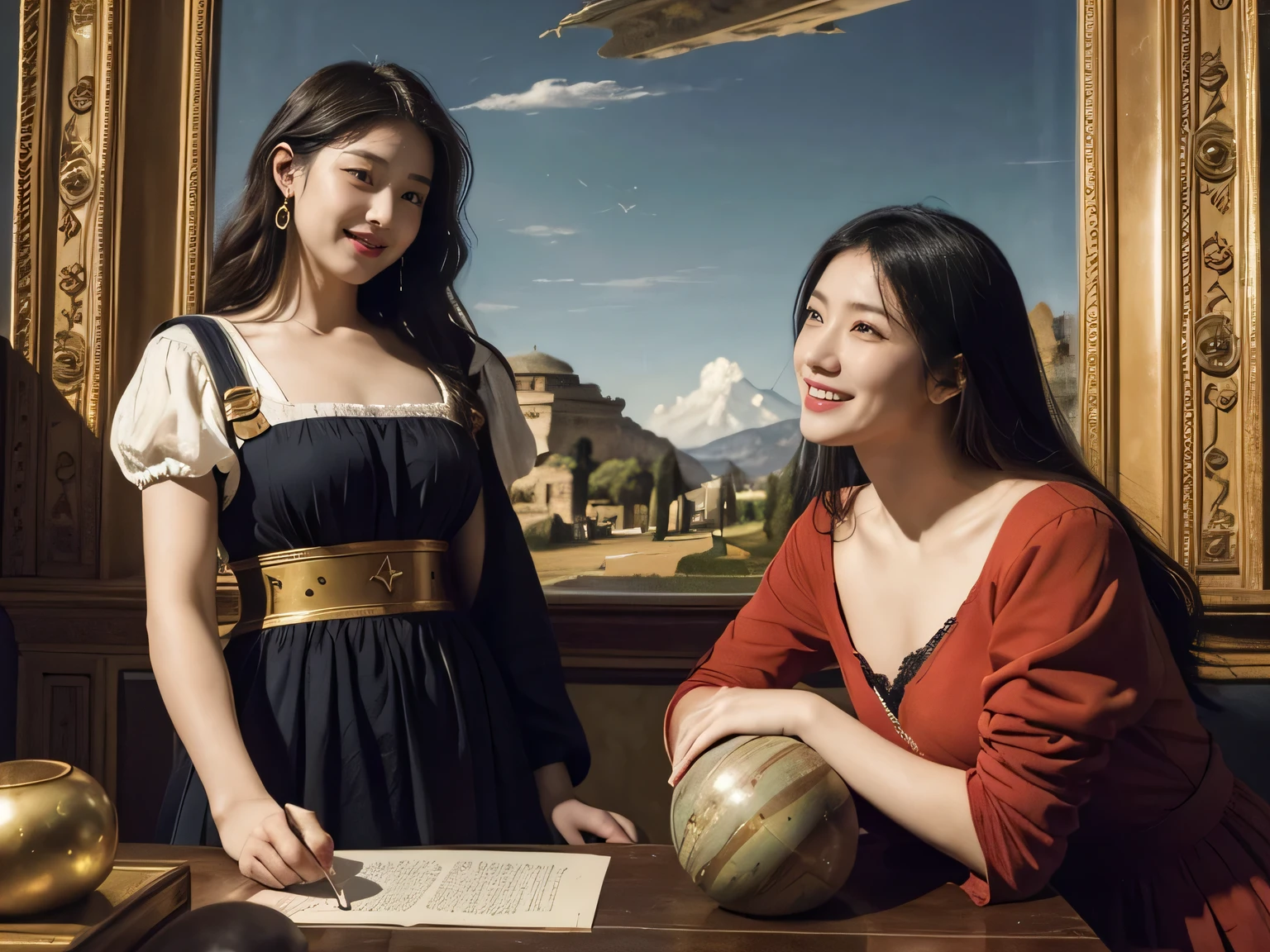 Giorgione painting style,Arguments of two female Philosophe,math、astronomical machine、astronaut、roses in vase、fruits、Cute trinkets、smile、ancient greek costume、Ancient Roman landscape in the style of Nicolas Poussin,laughter,,Sweet and seductive appearance.、Caravaggio's paintings、Chiaroscuro of Caravaggio、hair tousled by the wind,Two women frolicking,cute smile, expression of ecstasy,Sexy,erotic