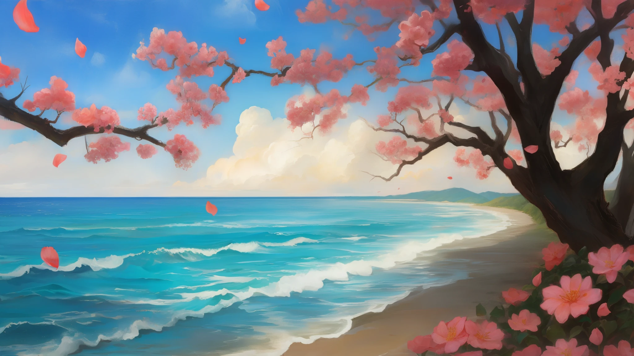 sea,Flower petals floating on the waves,Dunhuang fairy,long sleeves,best quality,Fantastic scenes,魔幻的sea