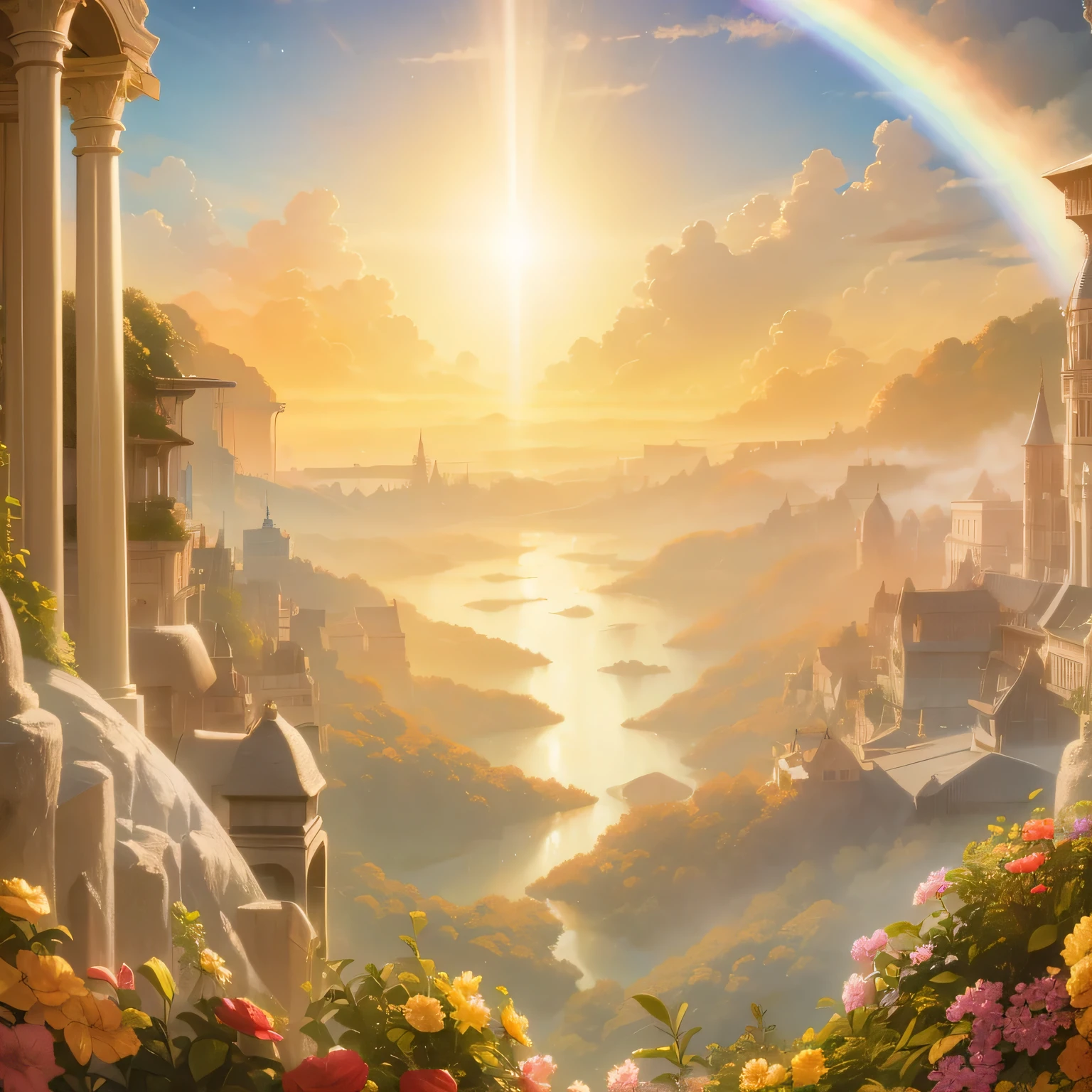 painting of a rainbow over a mountainous landscape with a rainbow, Bela arte UHD 4K, paisagem celestial, Arte digital altamente detalhada em 4k, magnificent background, detailed scenery - width 672, sky background, papel de parede de paisagem de anime, amazing wallpaper, kingdom of light scenery, Papel de parede hd 4 k muito detalhado, sky landscape, anime linda cena de paz, planet sky in the background