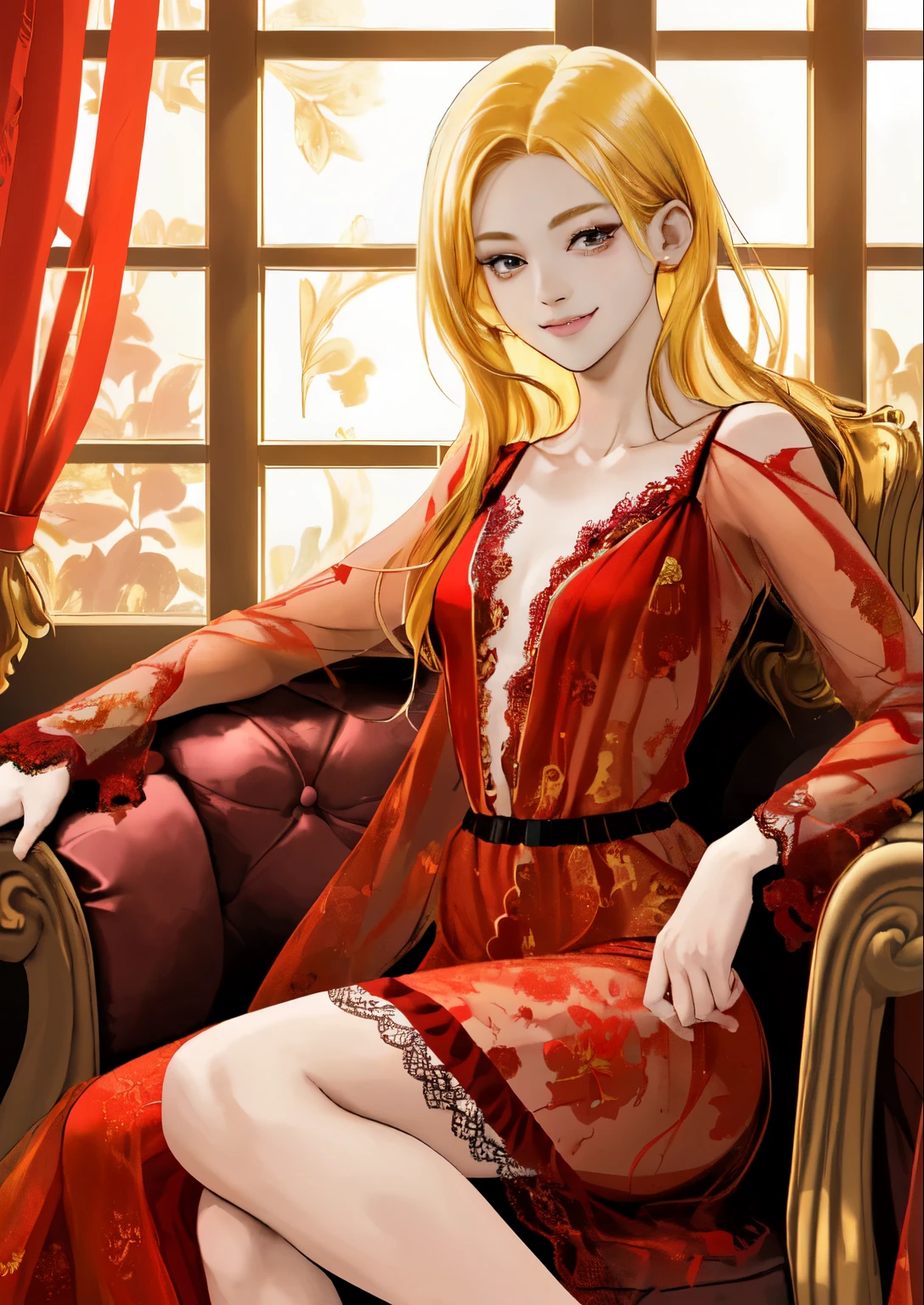 anime style, cartoon, golden hair woman, she is sitting on the armchair, she smiles slightly, near the window, in a red lace nightgown